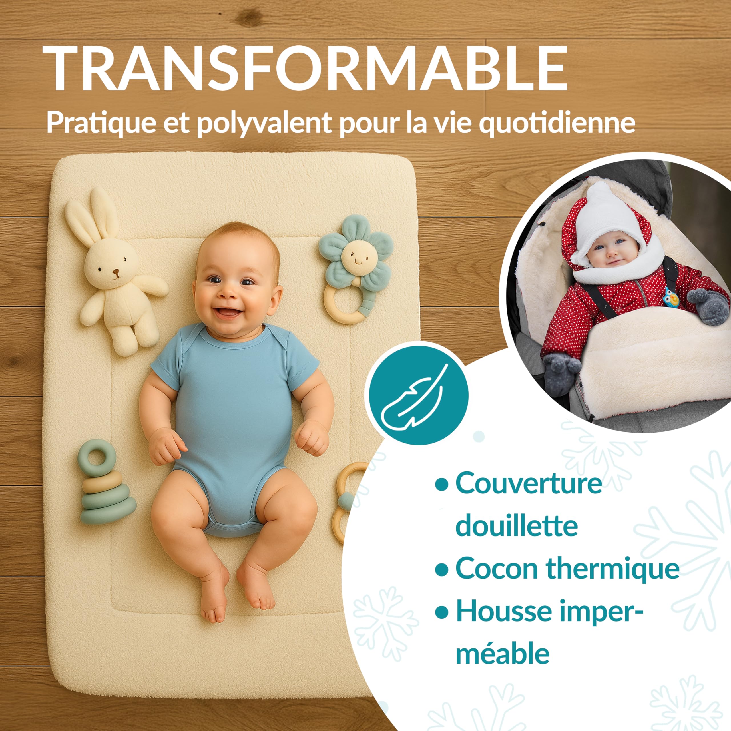 MONZANA® Chancelière universelle avec chauffe-mains pour poussette, landeau ou siege auto, Reducteur de lit bébé, Couverture bebe emmaillotage, nid d'ange, gigoteuse Hiver, Plaid - Gris