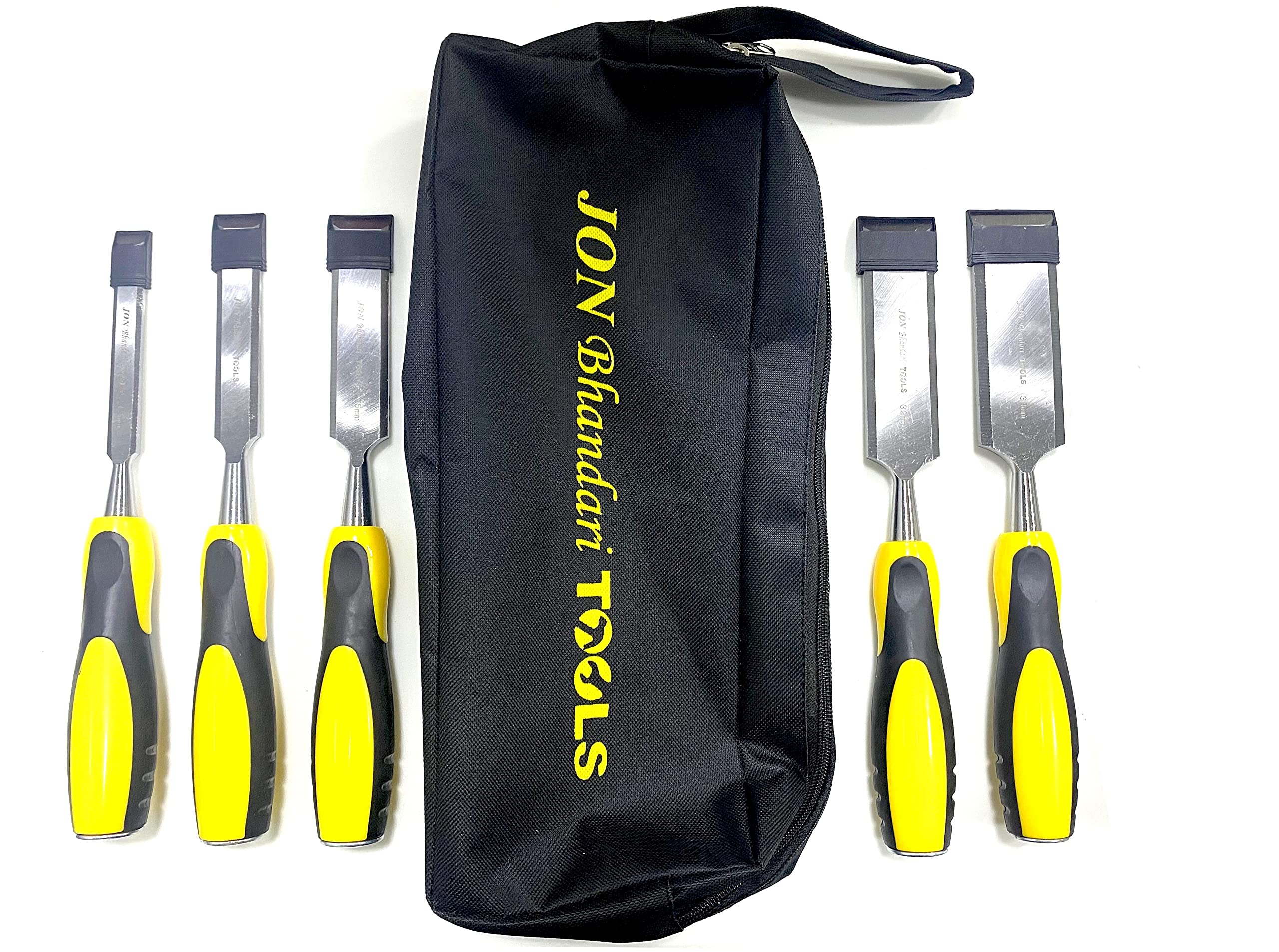 Jon Bhandari Tools Wood Chisel Set – 5-Piece Bevel Edge Chisels (13mm, 19mm, 25mm, 32mm, 38mm) – Hardened Steel Blades, Soft Grip Handles & Storage Bag – Woodworking, Carving, Shaping Hand Tools