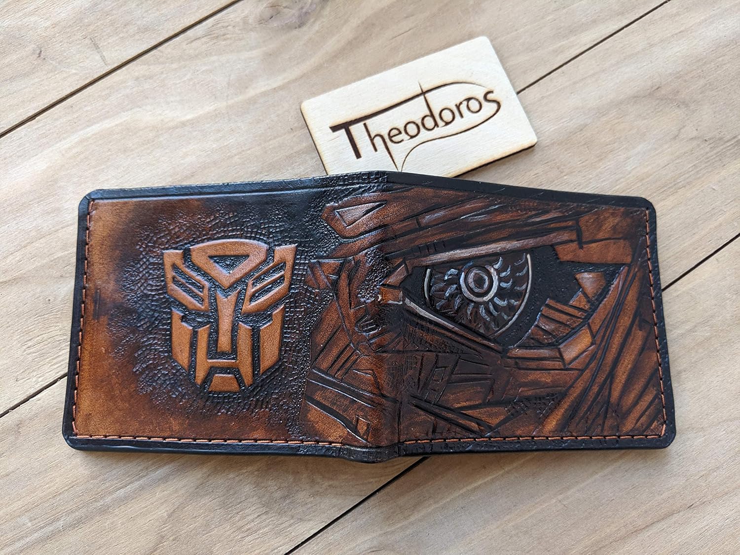 Theodoros Transformer Leather Wallet for Men – RFID Genuine Leather Bifold Biker Wallet, Embossed, Carved, Tooled & Painted Wallet, Custom Personalized Gift