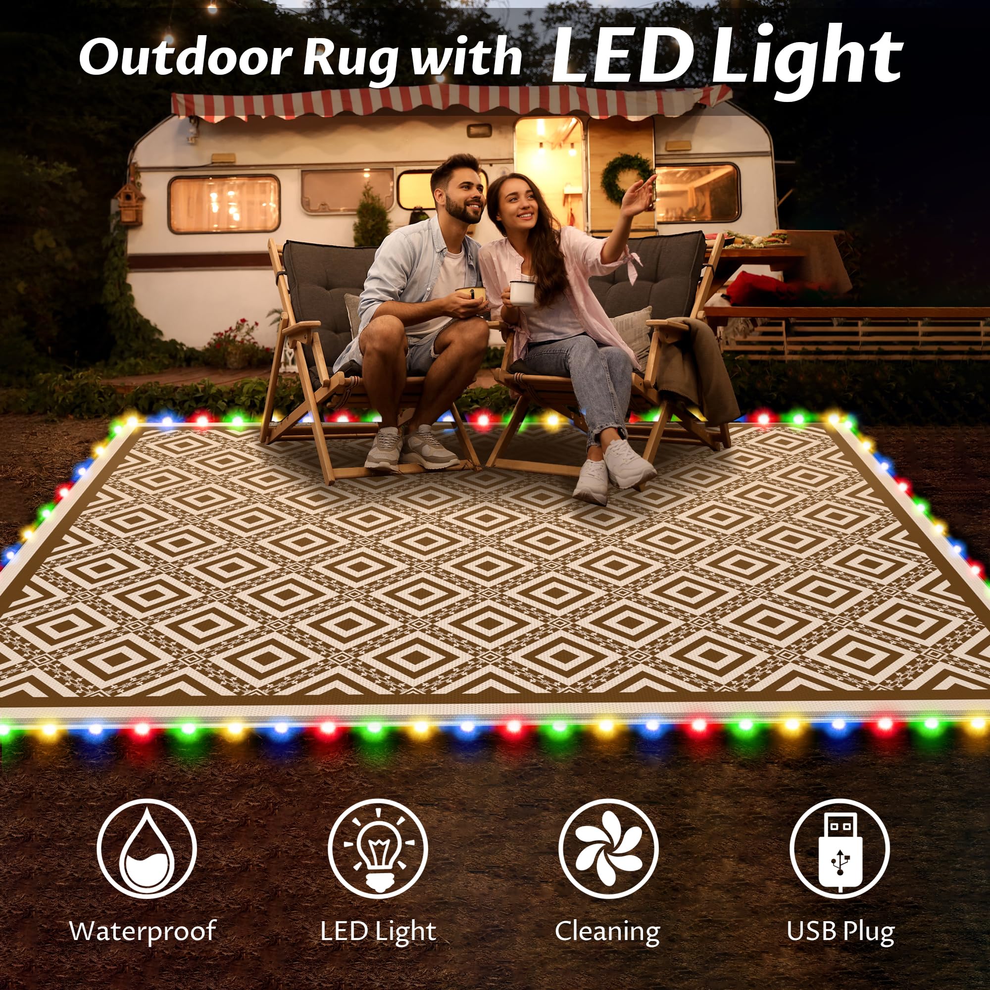 Tapis d'extérieur réversible avec lumières - 2,4 x 3 m - Tapis d'extérieur en paille en plastique imperméable, facile à nettoyer, ne perd pas ses poils, pliable et portable - Tapis réversible pour