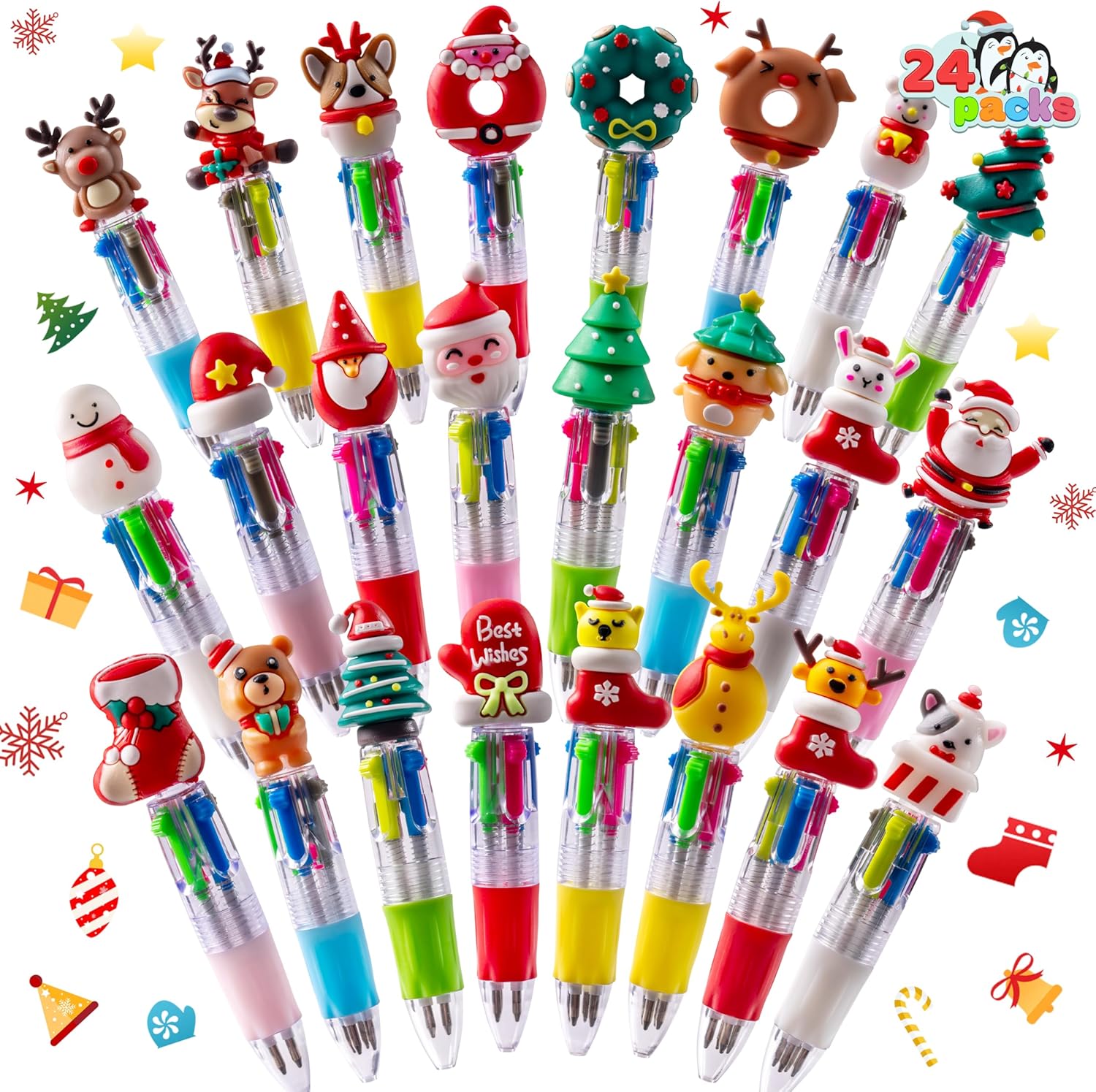 JOYIN 24 PCS Christmas Multicolor Pens Bulk For Kids, 4 Colors in 1 Ballpoint Pen for Xmas Party Favors, Christmas Stocking Stuffers For Students Teacher Classroom Prize Gifts, Goodie Bag Fillers
