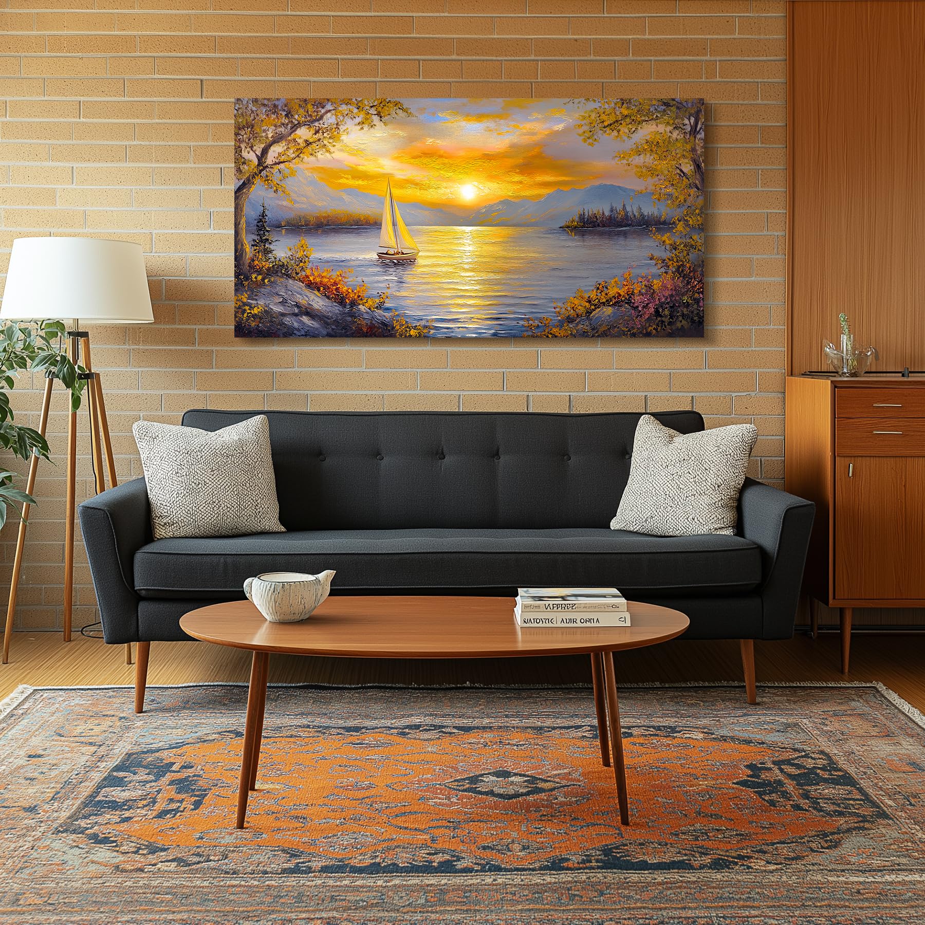 MHARTK66 Quadri Moderni Soggiorno Grandi, 59x119 cm XXL Stampe da Parete Tramonto in Barca a Vela sul Lago, Quadro Camera da Letto Su Tela Decorazioni Parete Bagno Ufficio Sala Da Pranzo