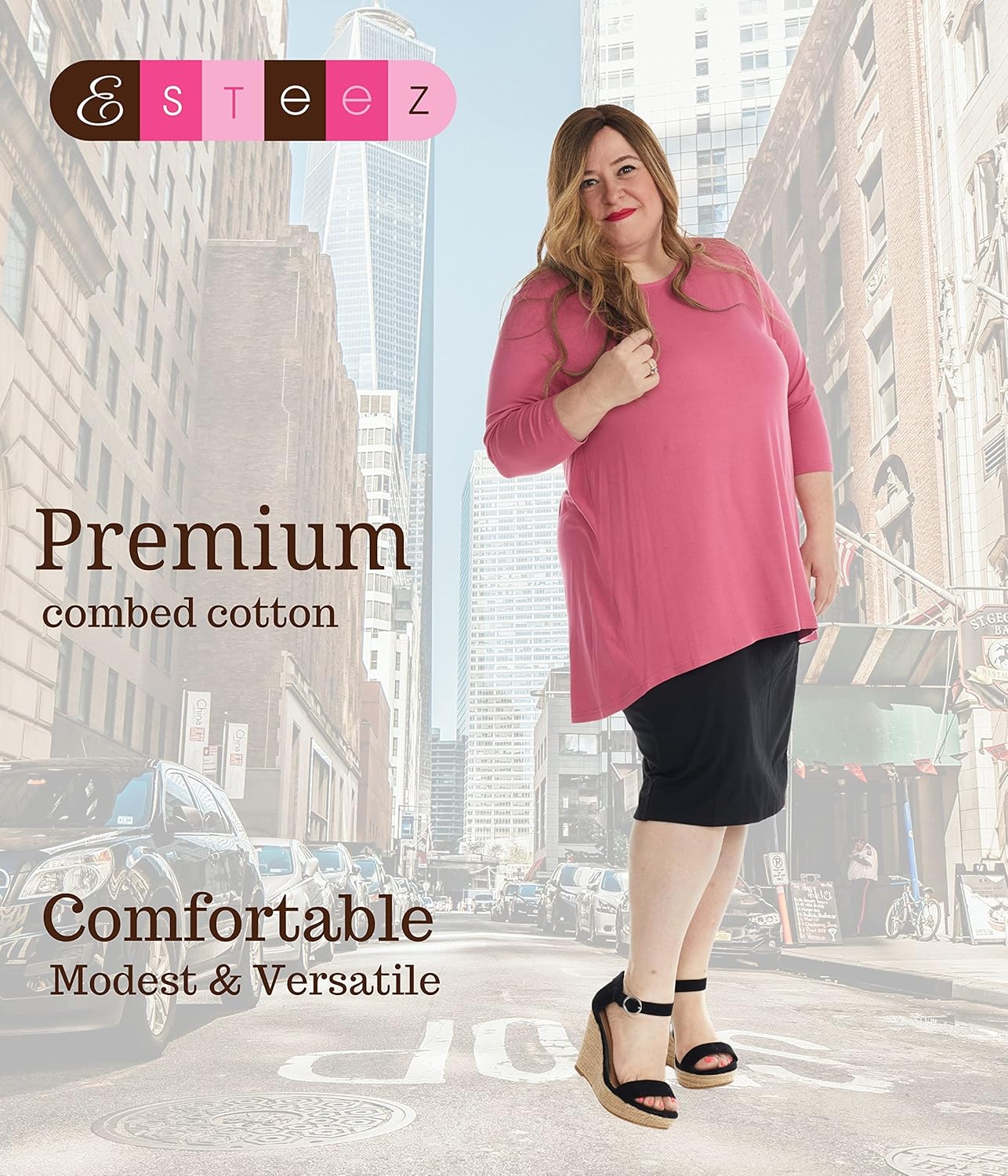 ESTEEZ Plus Size Knee Length Stretchy Cotton Pull-On Pencil Skirt for Women 1X - 4X - Dallas - Image 2