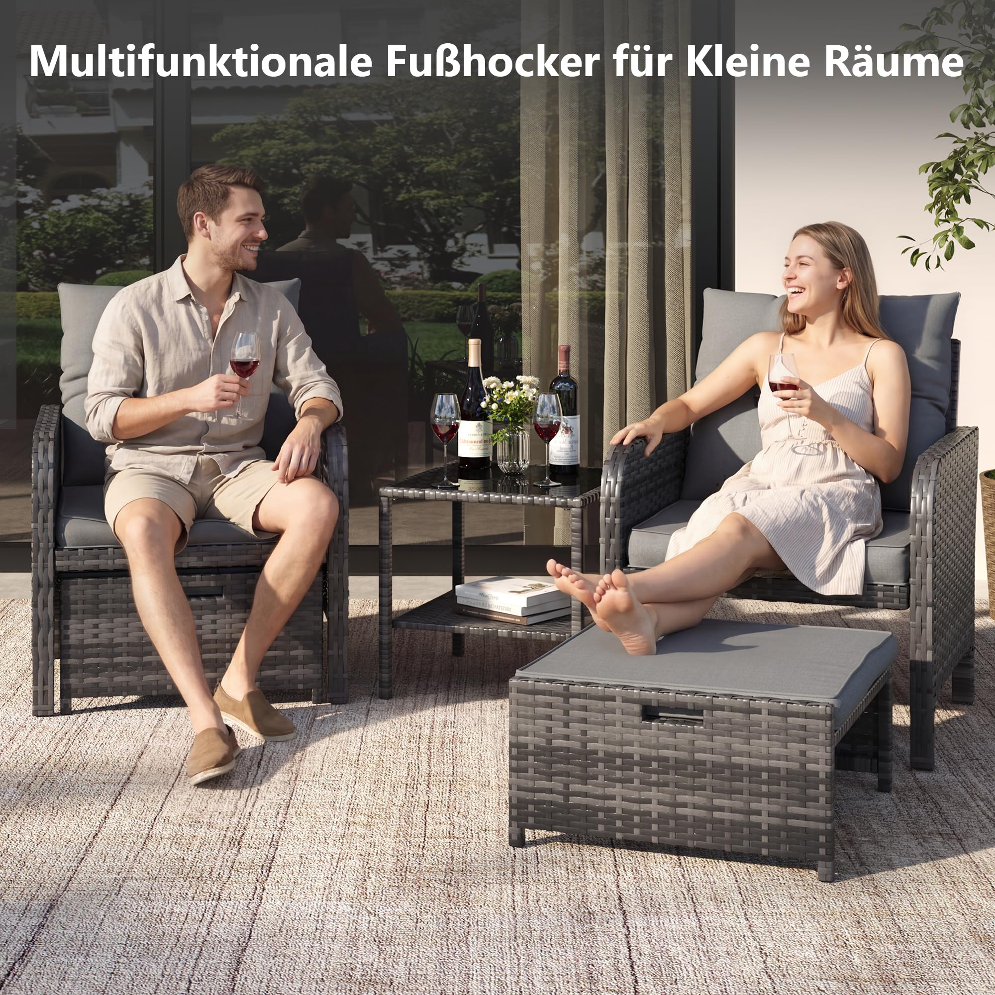Amopatio 5-teiliges Polyrattan Gartenmöbel Set, Rattan Lounge Set mit 2 Hockern und Glastisch, Wetterfestes Garten Sofa Set mit Sitzkissen für Garten, Terrasse, Balkon, Grau