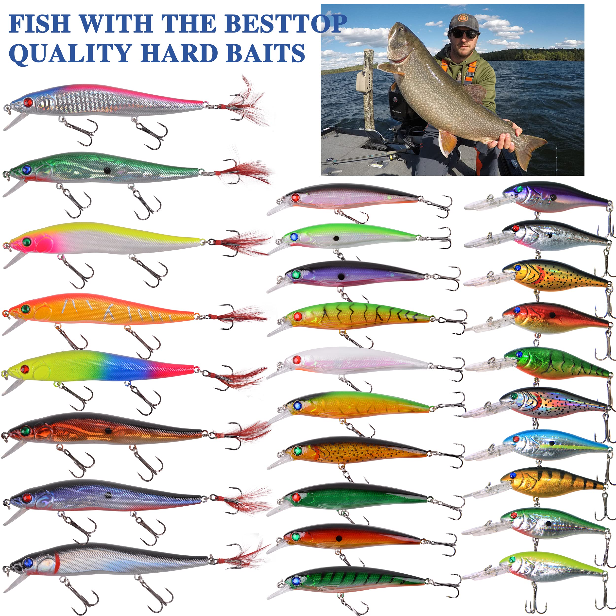 AGOOL Harte Angelköder-Set, 28 Stück, verschiedene Elritze Crankbait Köder mit Drillingshaken, künstliche Schwimmköder, Crankbait, Barsch, Angelzubehör für Salzwasser, Süßwasser, Hecht, Rotbarsch