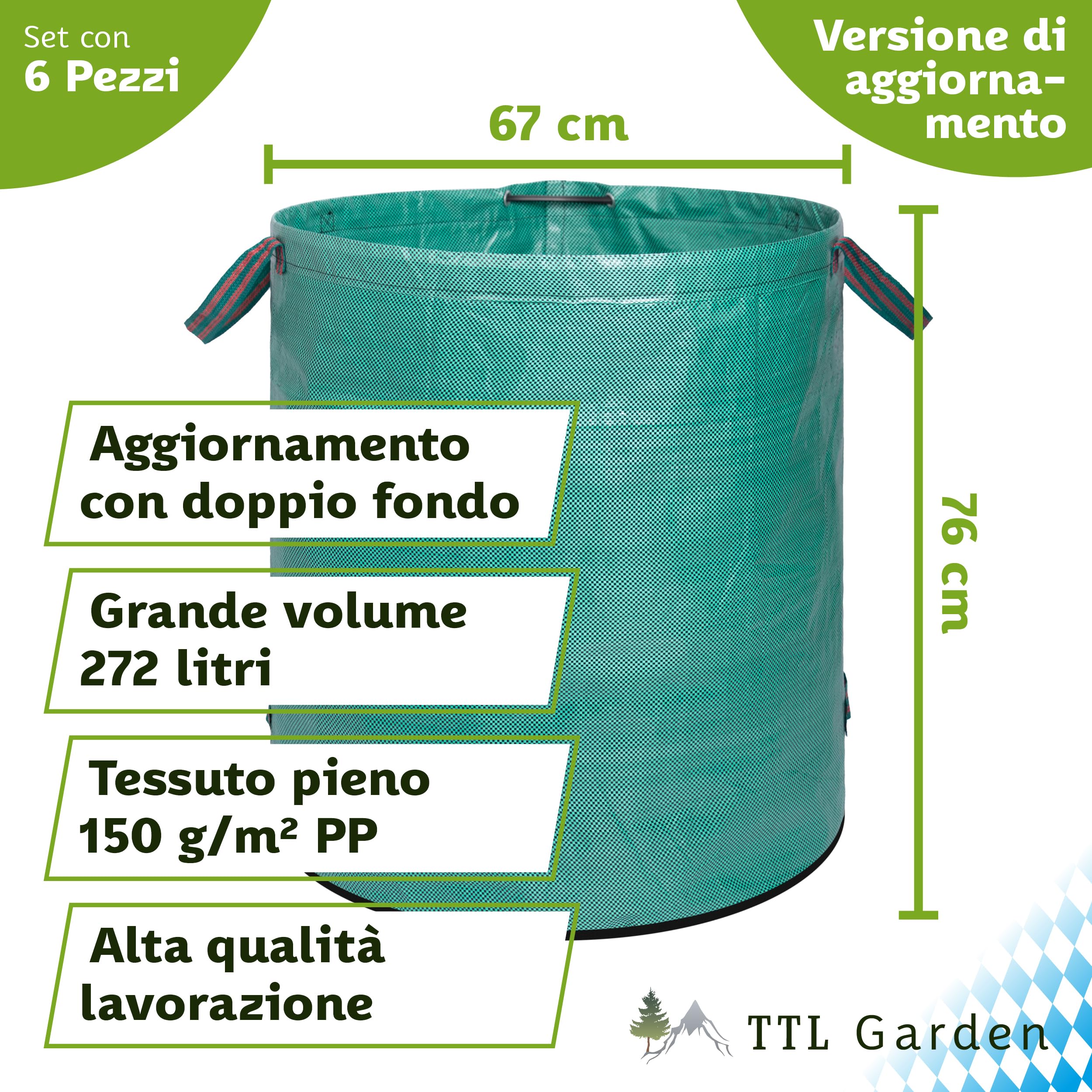 TTL GARDEN 6 sacchi da giardino da 272 l, doppio fondo extra stabile, 4 manici, 150 g/mq, robusti e pieghevoli, set da 6 pezzi da 272 litri, sacco da giardino per fogliame, siepe, rifiuti da giardino