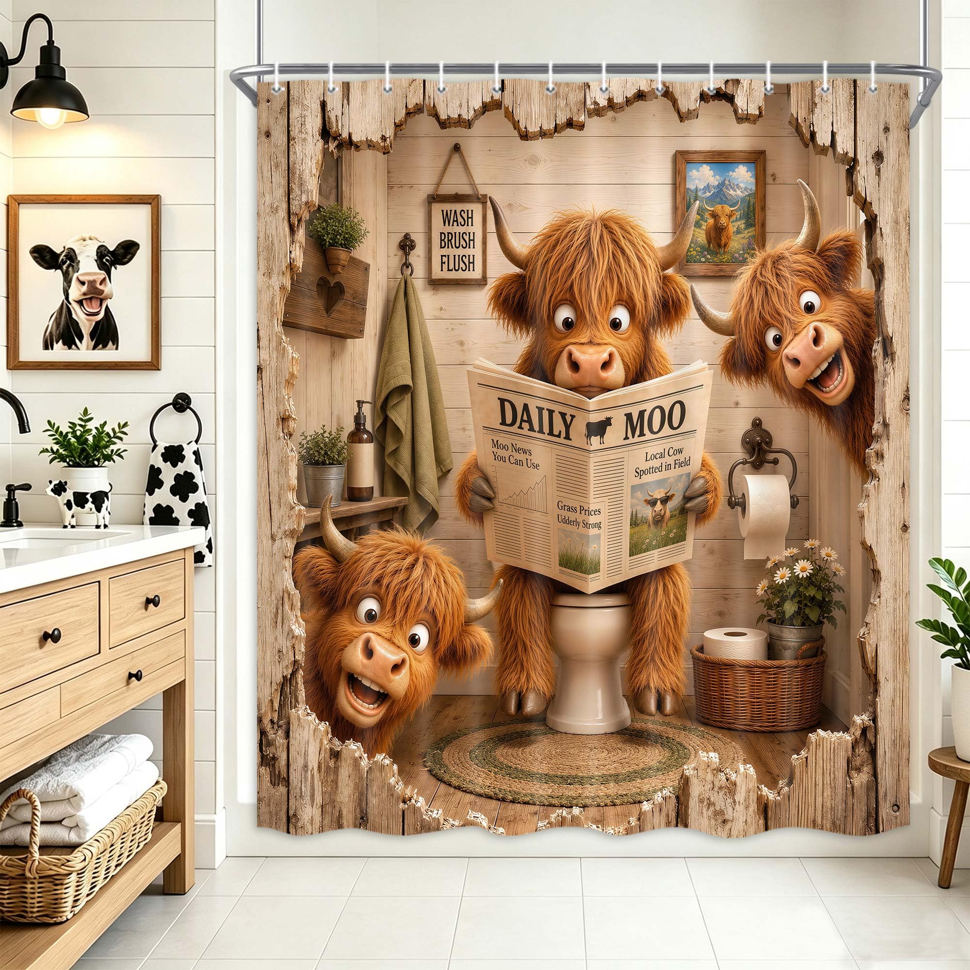 Funny Shower Curtain Highland Cow Shower Curtain with 12Hooks, 60 x 72 Inch