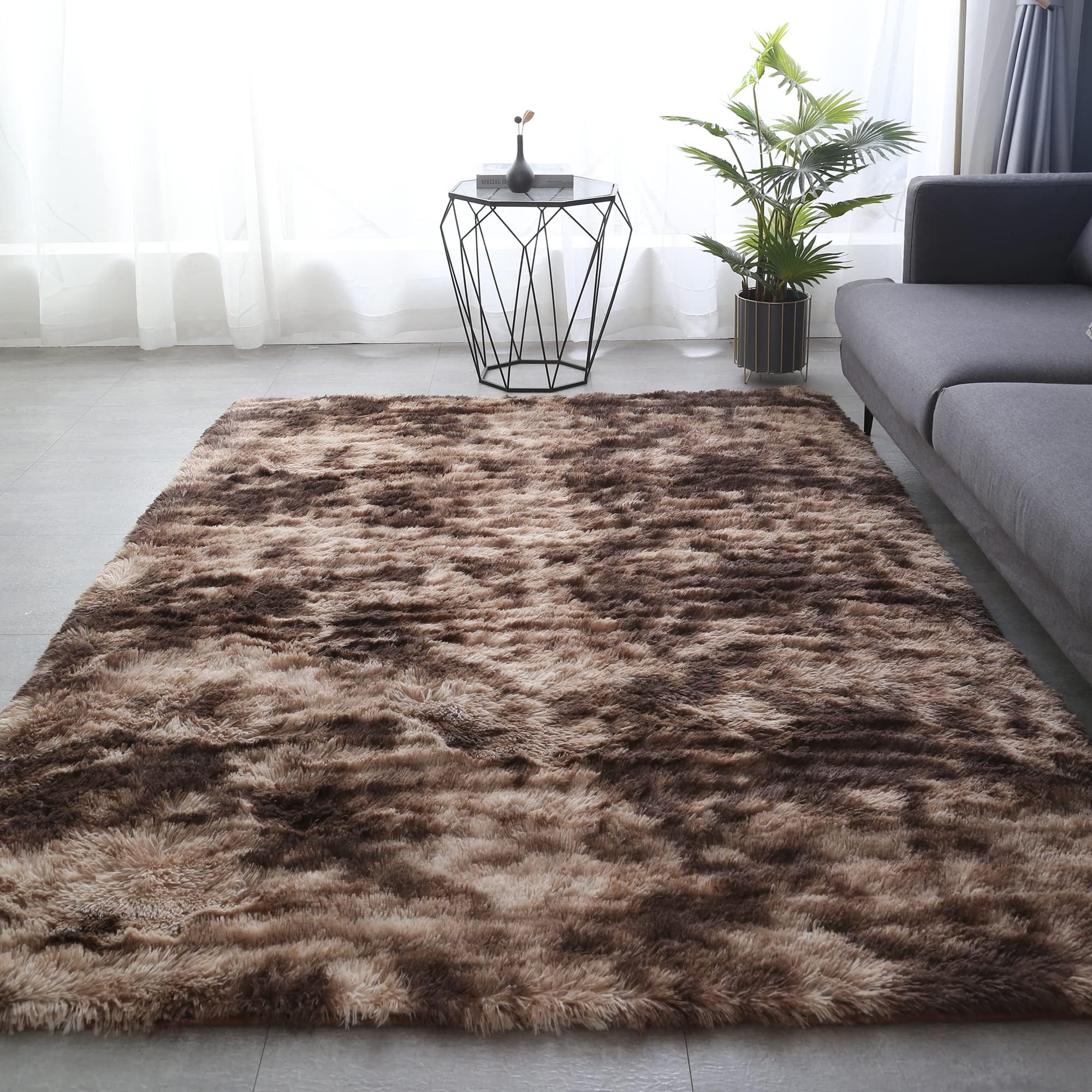 Rugs for Living Room 5x8 Super Soft Fluffy Shaggy Rugs Floor Carpet for Living Room, Indoor Floor Bedroom Kids Teen Dorm Nursery Home Decor, 5.3 x 7.5 Feet, Brown&Tan