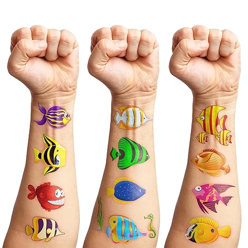 Miniatura 3 de 96 piezas de tatuajes temporales de peces tropicales con temática oceánica para decoración de fiesta de cumpleaños, suministros de decoración,