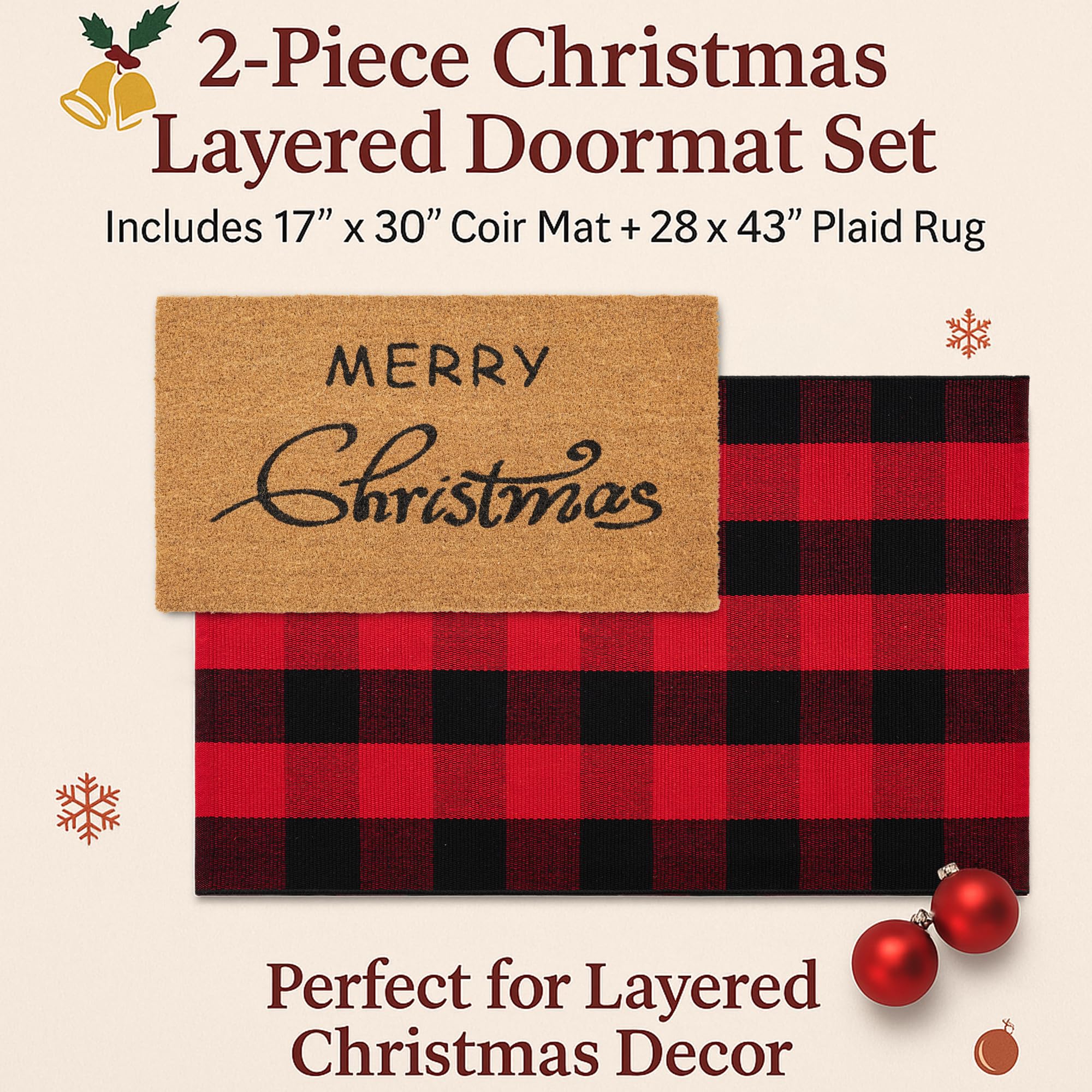 Juego combinado de felpudos de Navidad, tapete de bienvenida 100% fibra de coco + alfombra de cuadros rojos y negros de 28 x 43 pulgadas, tapete decorativo de Año Nuevo, colección de Navidad, para