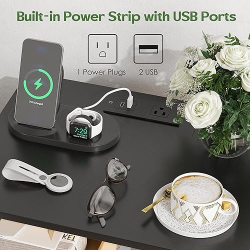 Miniatura 4 de Mesita de noche LED de madera con estación de carga, mesita de noche negra con 2 puertos USB y tomacorrientes, mesitas de noche con 2 cajones