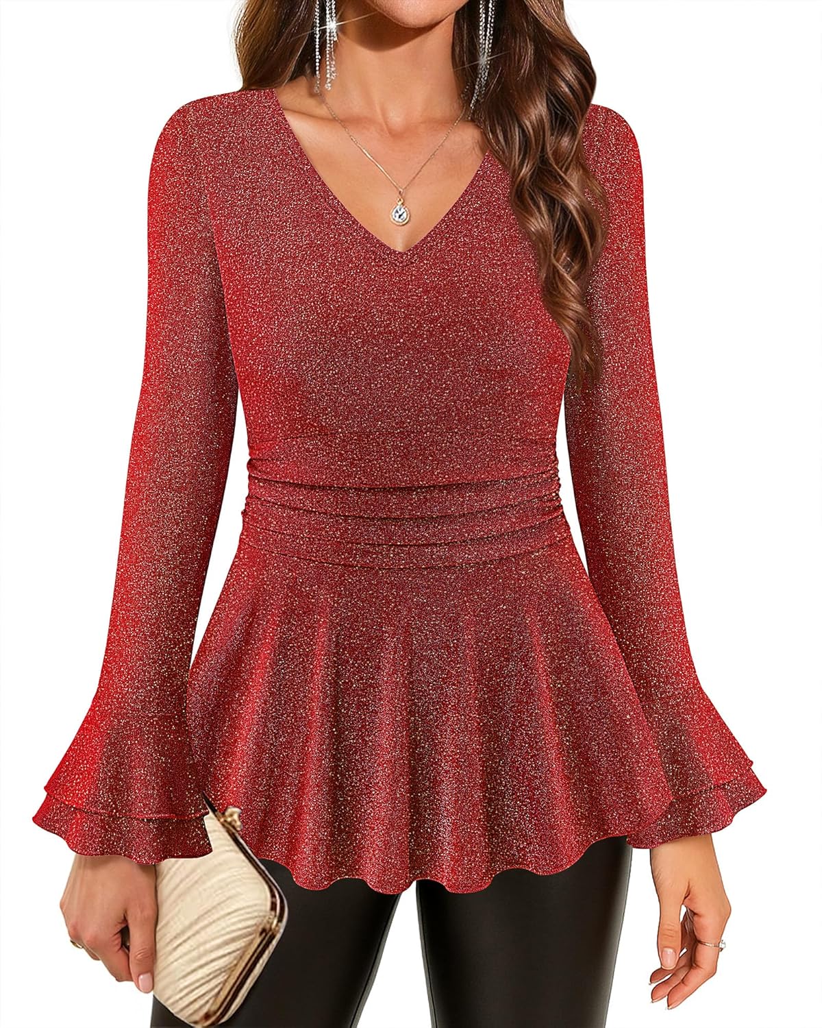 Gaharu Womens Dressy Sparkly Tops Elegant Long Sleeve Sequin Blouse Cocktail Party Evening Tunic Shirt