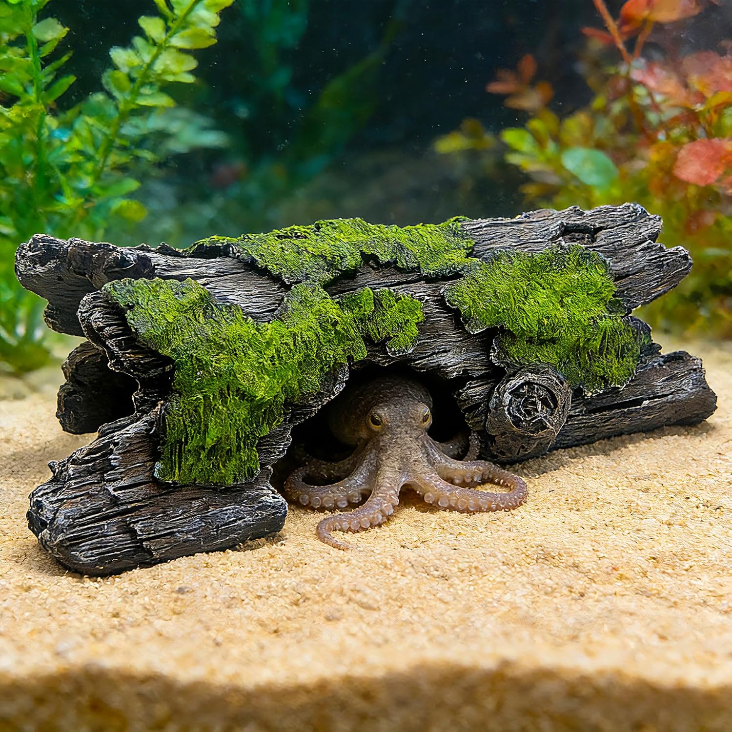 Teaeeno Faux Log Fish Cave, Predator Control and Decorative Shelter for Koi and Fish, Ponds, Aquariums, and Terrariums (Green)
