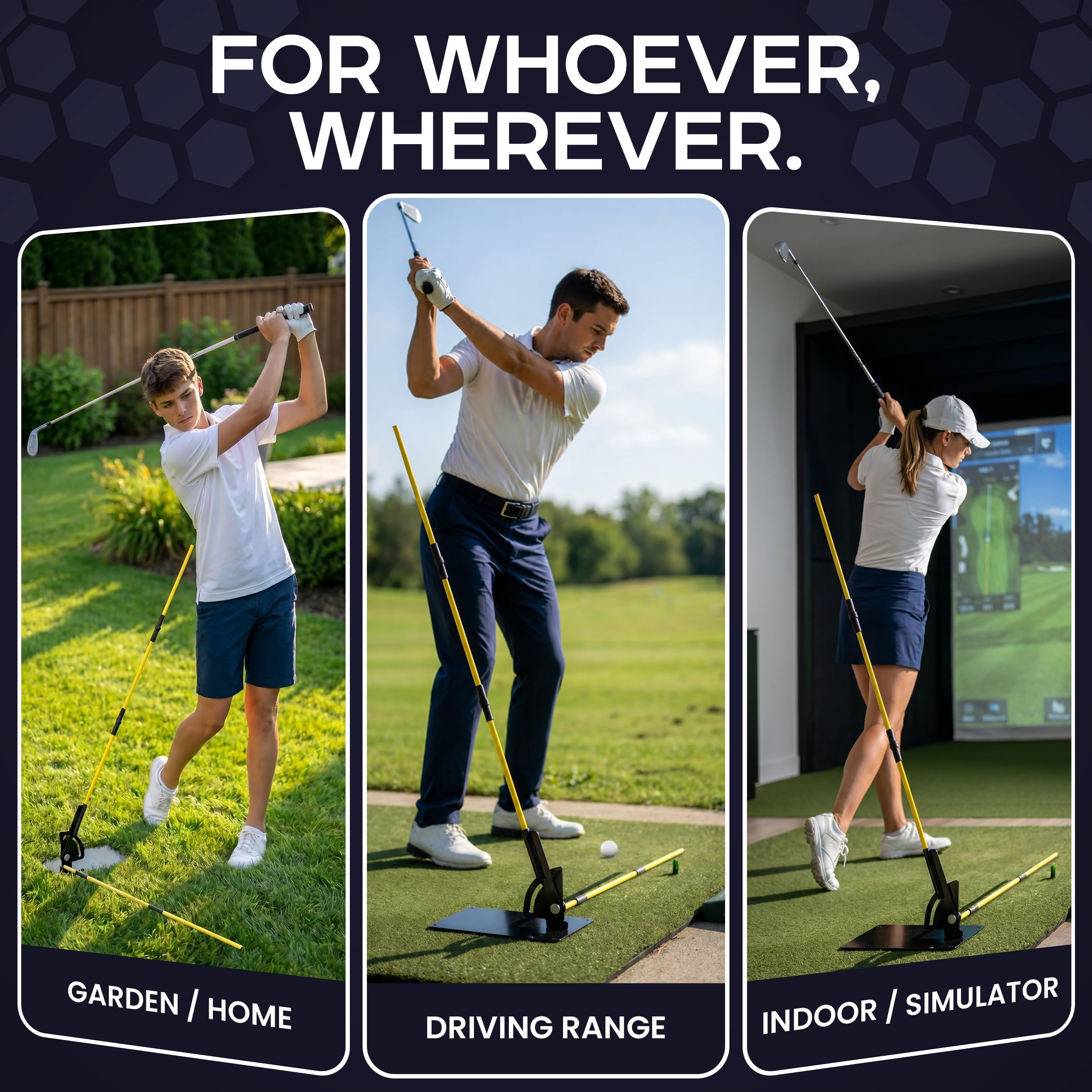 Happy Golfer Golfschwungtrainer für Schwungflugzeug & Ausrichtung | Platte mit zwei Ausrichtungsstäben | Zur Perfektionierung Ihres Golfschwungs mit mehreren Trainingsbohrern | Golf-Übungshilfe