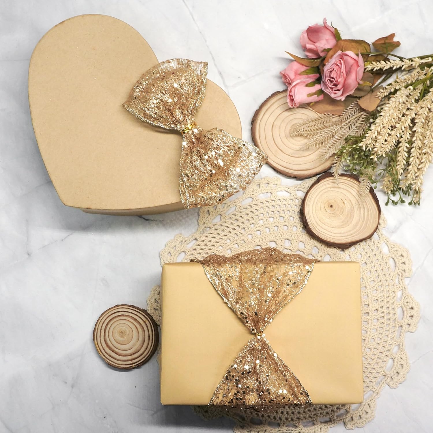 Sparkling Glitter Mesh Wired Ribbon 2.5" x 10 Yards Champagne Gold for Christmas Home Decor Bow Gift Wrapping DIY Crafts Wreath