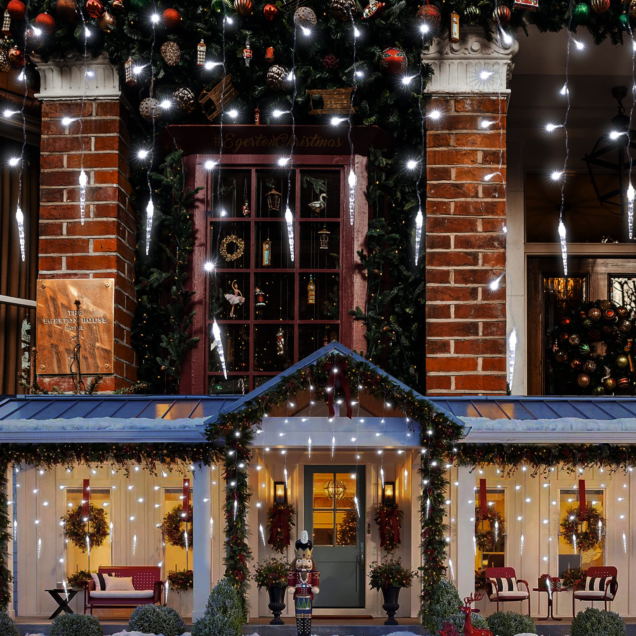 Photo 1 of MAOYUE 34 ft 366 LED Christmas Decorations 10 Modes 70 Drops Outdoor Christmas Decorations Icicle Lights with Timer Christmas Lights Waterproof Lights for Outside Christmas Decor(White Ice Cone)