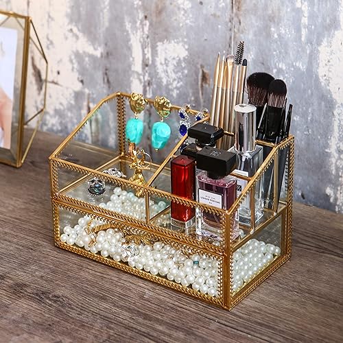 Miniatura 5 de Caja de cristal dorada, bandeja de vidrio, organizador de exhibición de maquillaje en la cómoda, almacenamiento cosmético multifuncional para