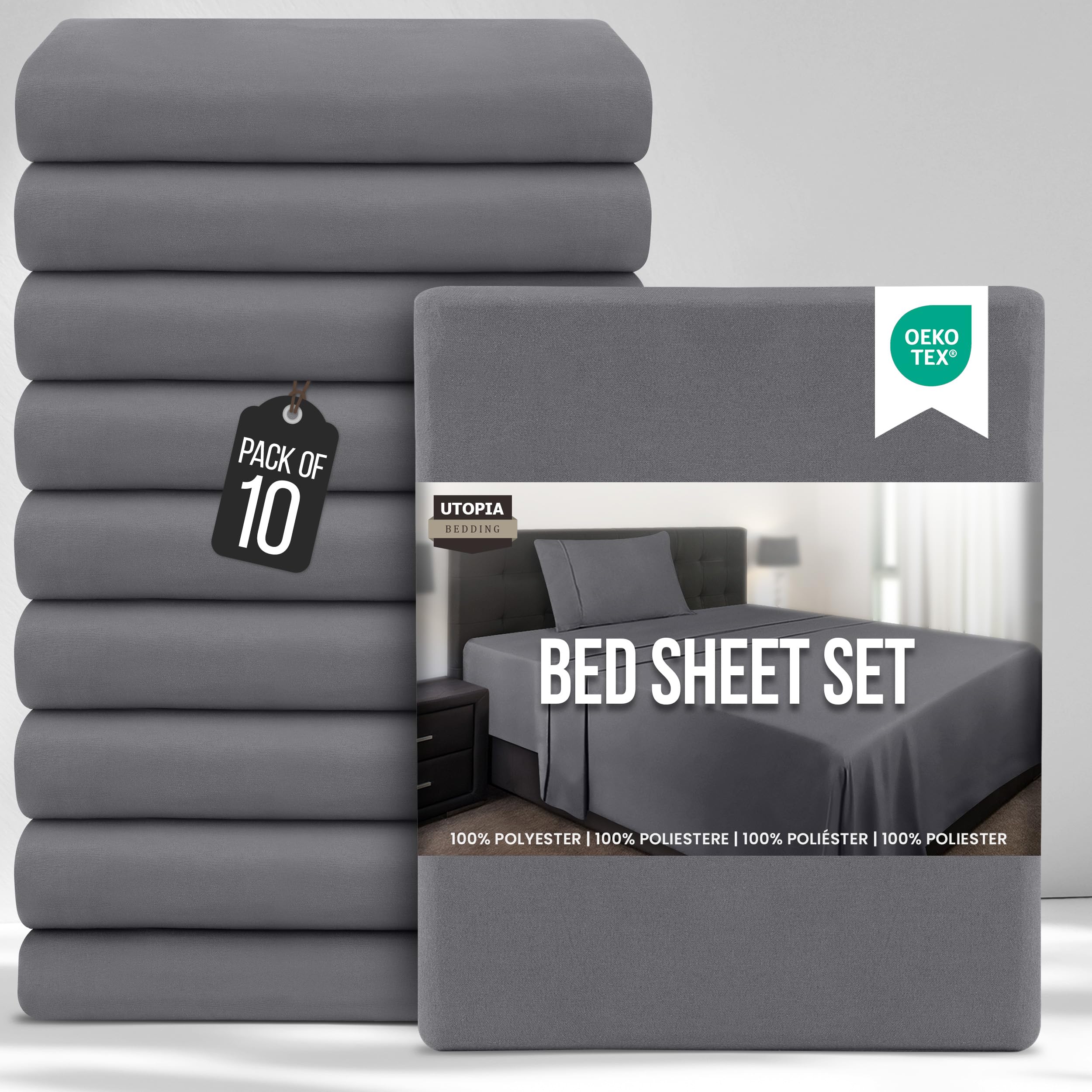 Utopia Bedding Bed Sheets Set Bulk Pack of 10 (Single, Grey) – Fitted Sheet, Flat Sheet with Pillow case 50x75 – Wrinkle, Shrinkage & Fade Resistant – Soft Brushed Polyester Microfiber Fabric