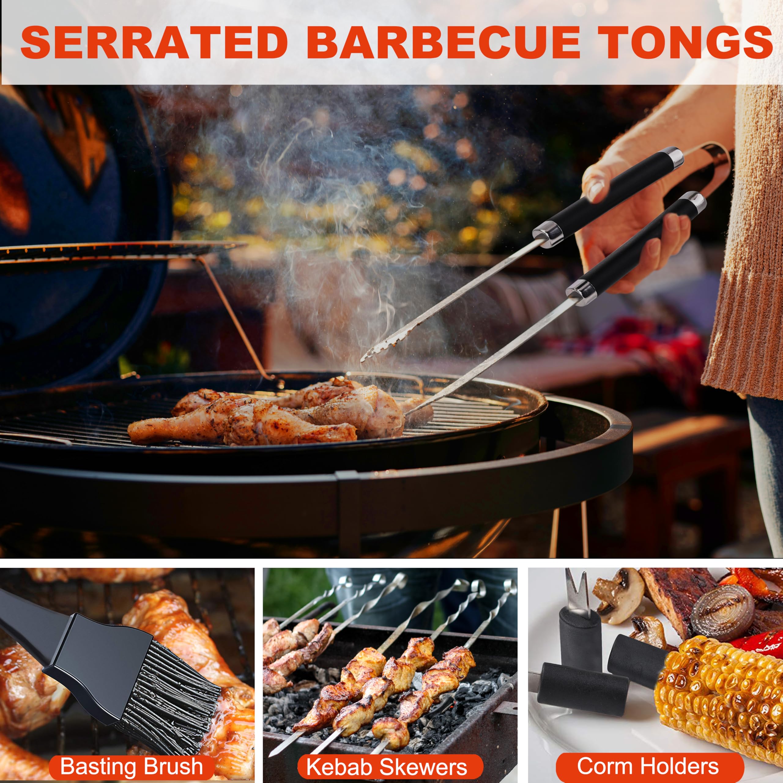 Grilljoy Set di accessori per barbecue, set di utensili da barbecue resistenti per uomini e donne, kit di utensili da griglia con guanto in slicone, accessori per grigliare con borsa per affumicare,