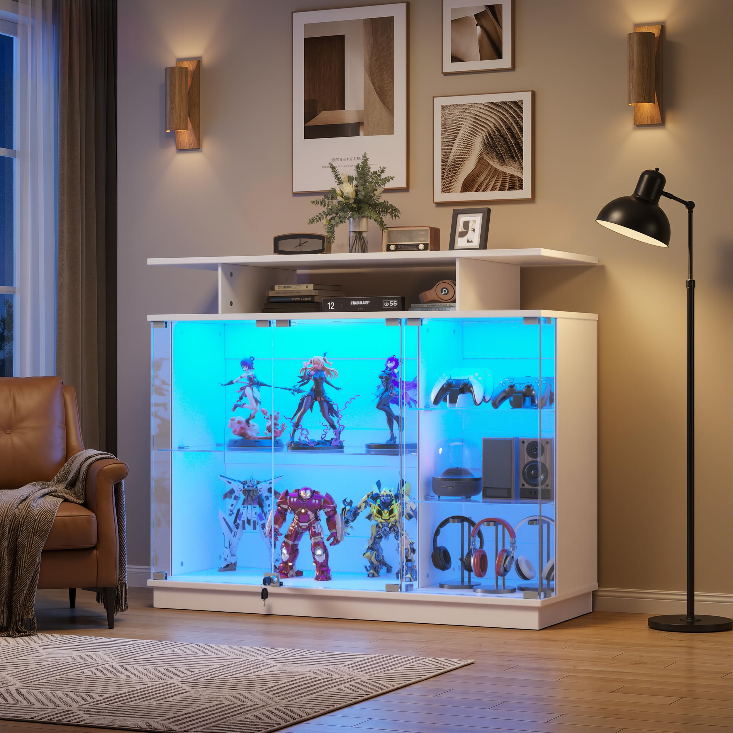 MSFE Vitrina de Cristal con LED, Vitrinas para Salon con Puerta de Cristal con Cerradura 3 Capas de Vitrina Expositora para Colecciones, Curio Vitrina para Sala de Estar, Blanco 120x38.6x100CM