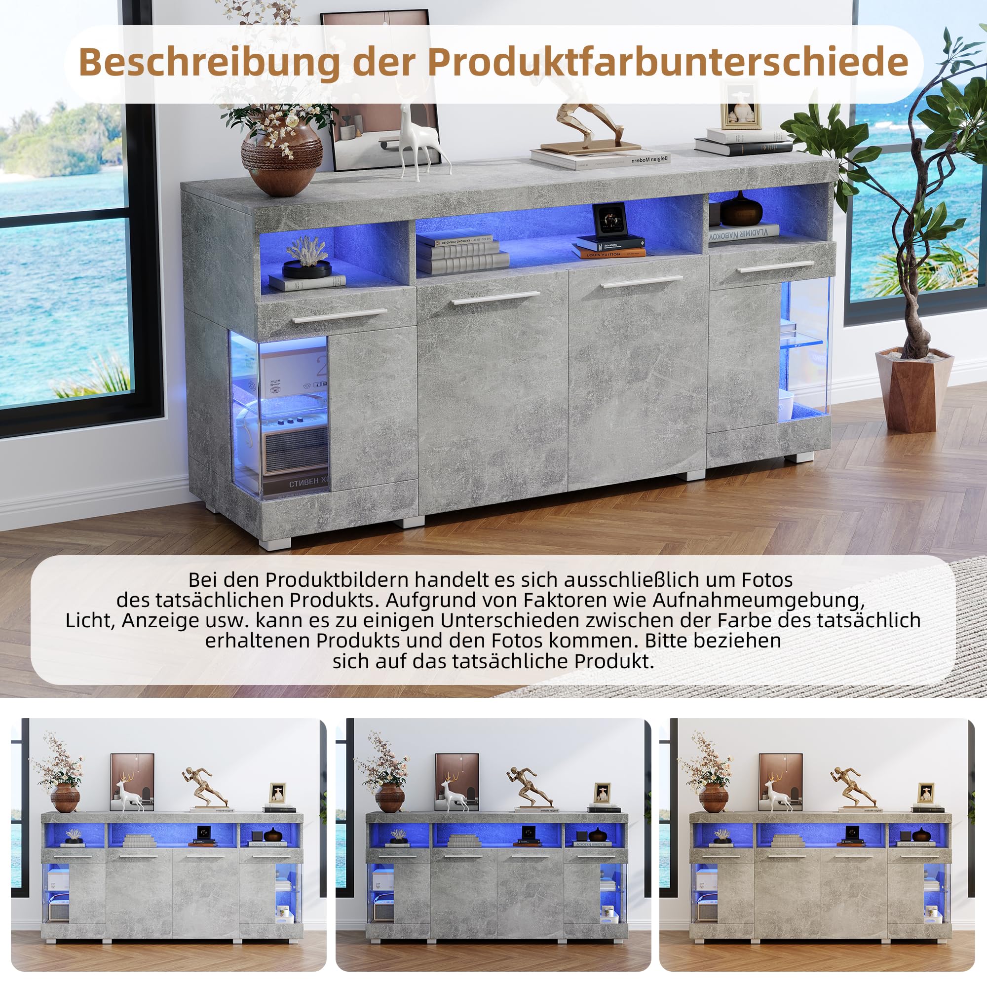 Sideboard Wohnzimmer, Sideboard 140cm breit, Kommode Flur mit LED Beleuchtung aus Gehärtetem Glas, 140x40x70cm, Grau
