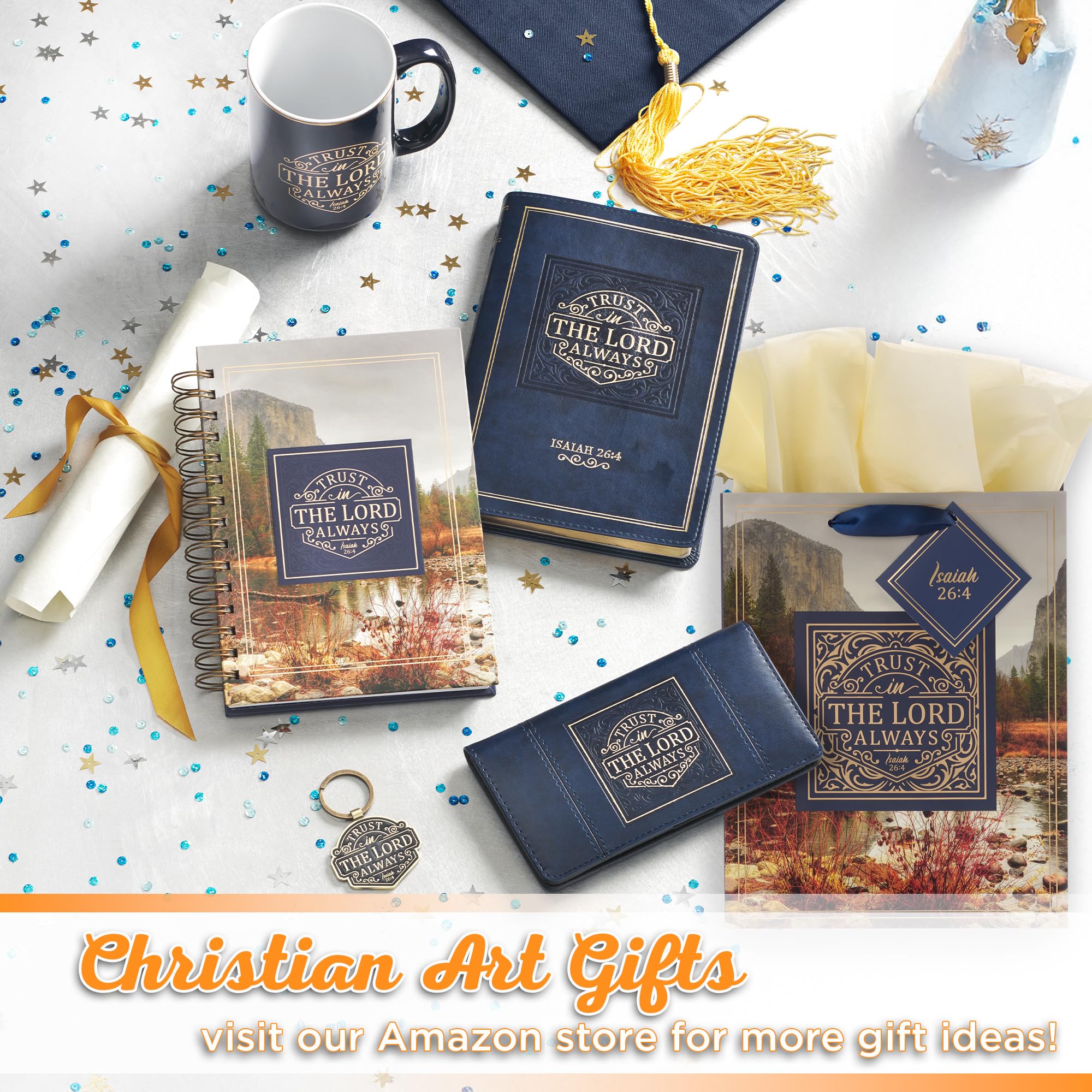 Christian Art Gifts Gift Bag/Tissue Paper Set Trust In The Lord Always Isaiah 26:4 Bible Verse, Blue/Gold, Medium