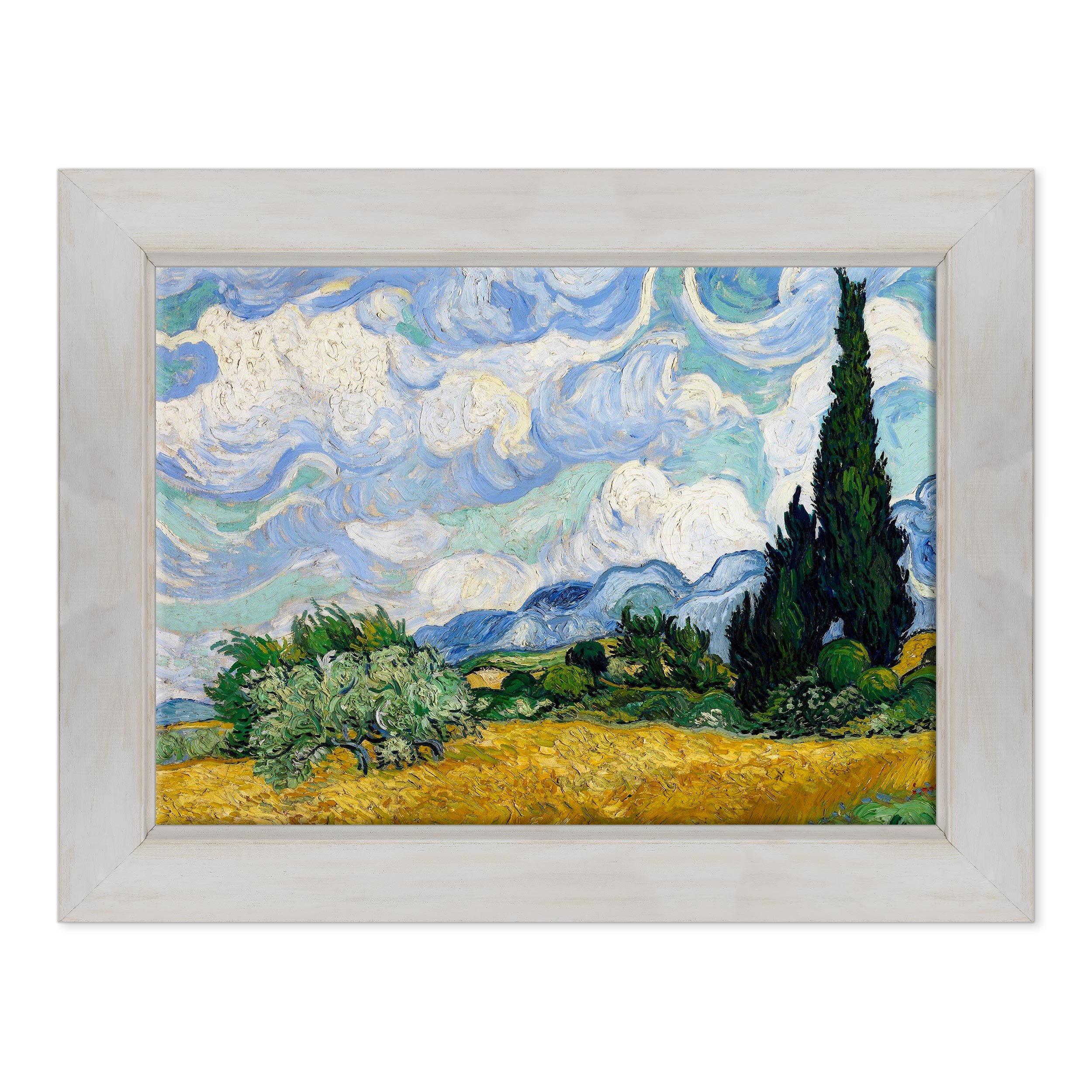 QUADRO SU TELA CANVAS INTELAIATO - CON CORNICE - Campo di grano con cipressi per Van Gogh - 50x70cm - Stile Country Bianco Shabby - (cod.2693)