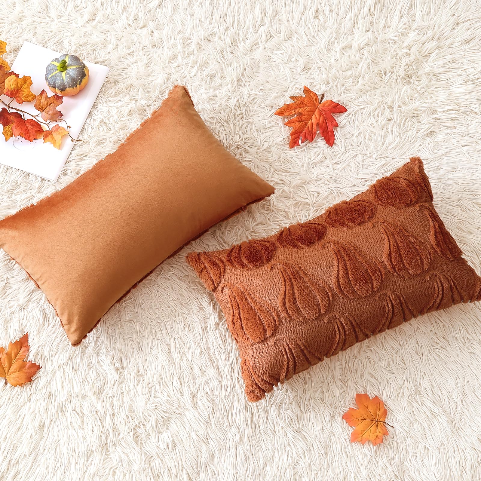 Artscope Fall Cushion Covers Set of 2 Two Types of Pumpkins Throw Pillow Covers for Sofa Couch Bed Living Room Soft Plush Short Wool Velvet Farmhouse Pillowcases for Halloween 30x50cm Rust - Image 5