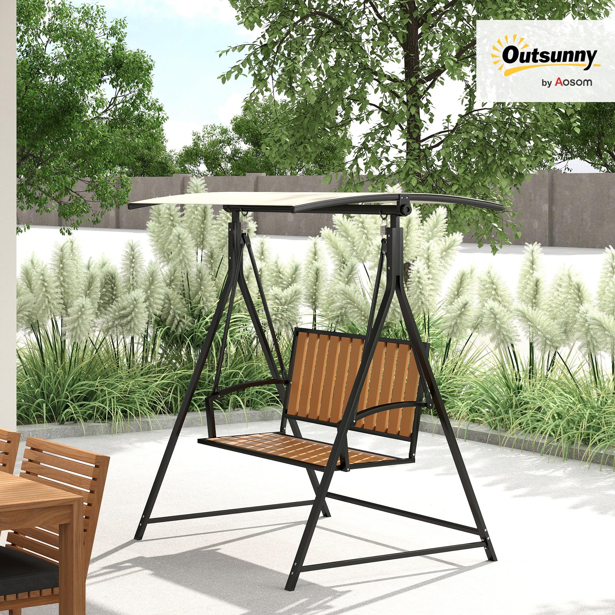 Outsunny Hollywoodschaukel mit verstellbarem Sonnendach, 2-Sitzer Gartenschaukel, wetterfest Schaukelbank belastbar bis 240kg, Gartenliege für Garten, Terrasse, 142 x 112 x 162cm, Schwarz