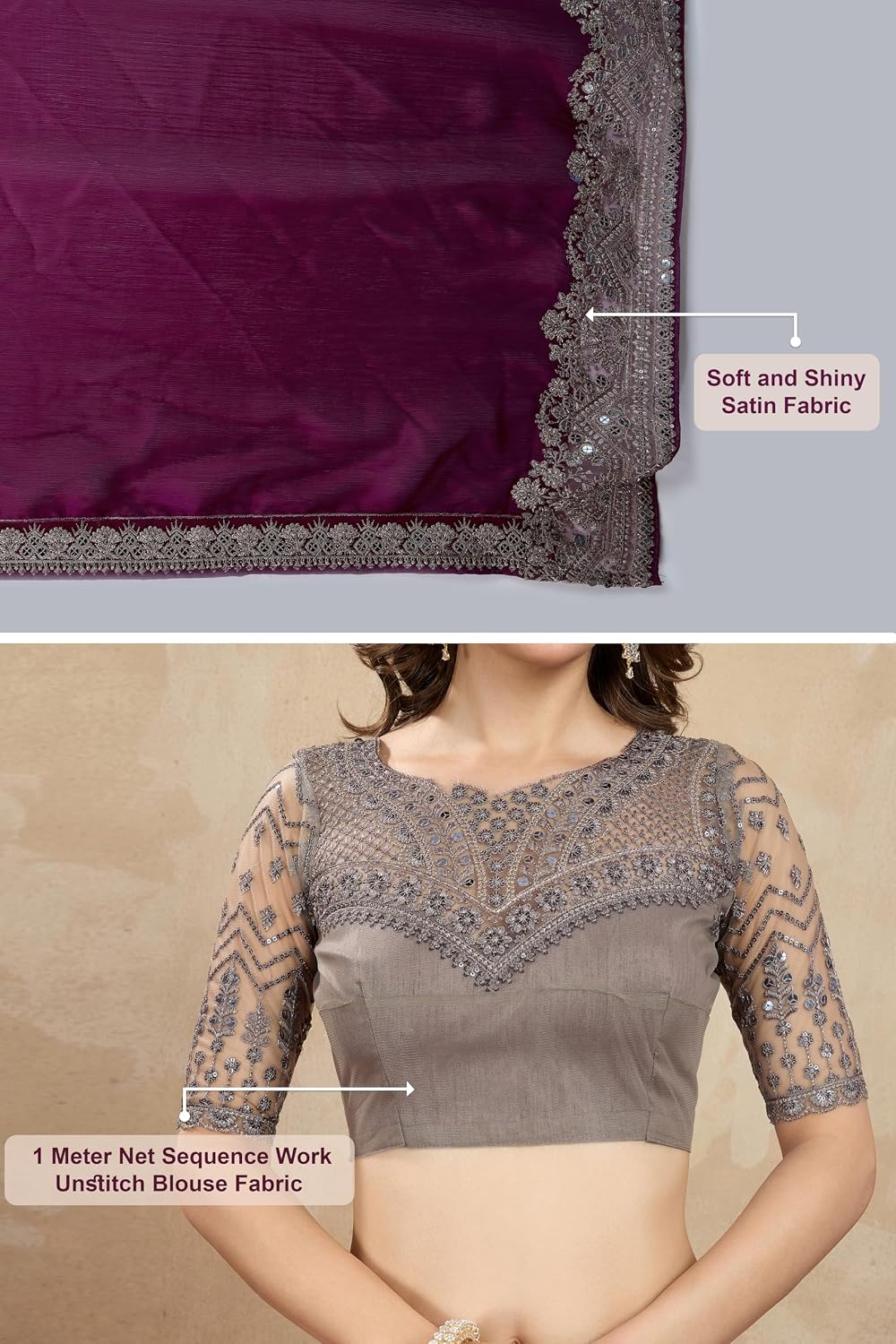 TRENDMALLS Women's Satin Embroidery Sequence Work Saree with Unstitch Blouse Piece