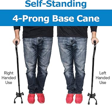 RMS Quad Cane - Adjustable Walking Cane with A Large Four-Pronged Base for Extra Stability - Foam Padded Offset Handle for Secure & Comfort Grip - Works for Right or Left Handed Men or Women