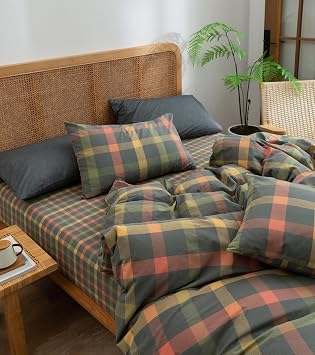 VM VOUGEMARKET Plaid Fitted Sheet Queen 1 Pieces,100% Cotton Colorful Grid Single Bottom Sheet with 15 Deep Pocket,Comfortable and Breathable Mattress Cover for Girls Women