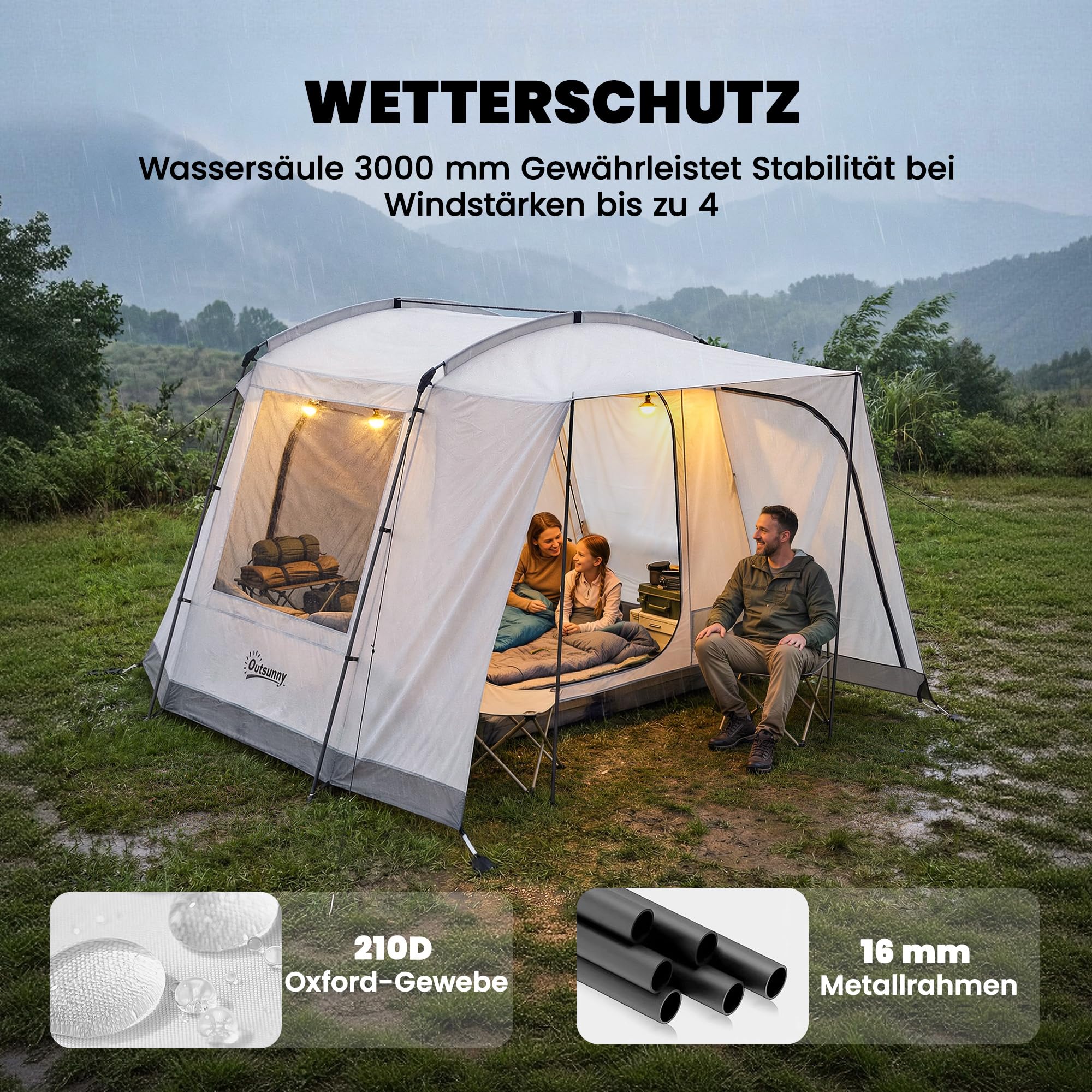 Outsunny Tente arrière pour 2 à 4 personnes - 320 x 280 x 205 cm - Tente de voiture 2 en 1 - Tente tunnel étanche avec 4 portes - Fenêtres - Auvent - Bâche de sol - Sac - Tente de voiture - Tente