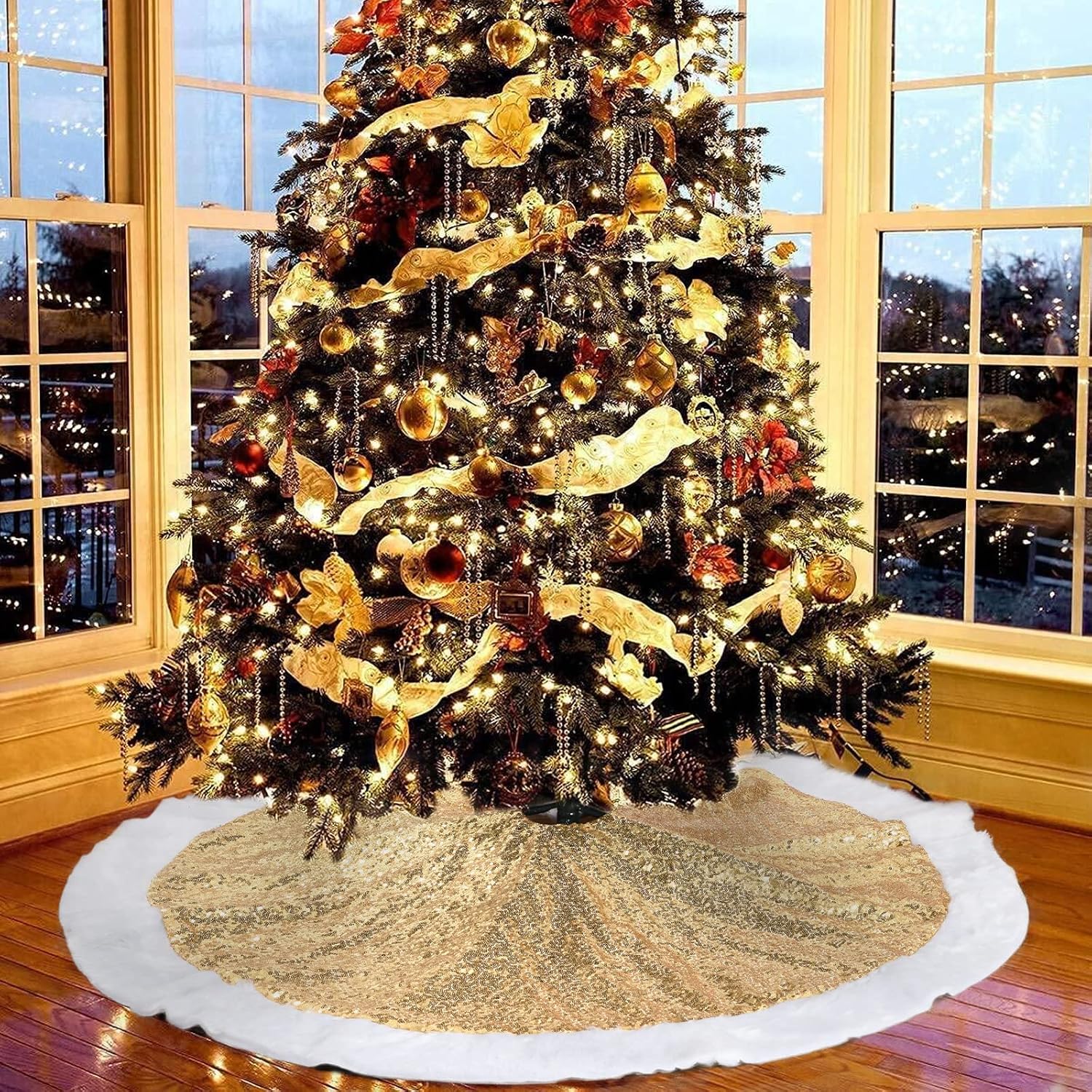 TOBEHIGHER Christmas Tree Skirt - Tree Skirt, 48 Inch Gold Sequined Tree Skirt, Faux Fur Xmas Plush Tree Skirt, Large Christmas Tree Mat Holiday Party Christmas Tree Decorations