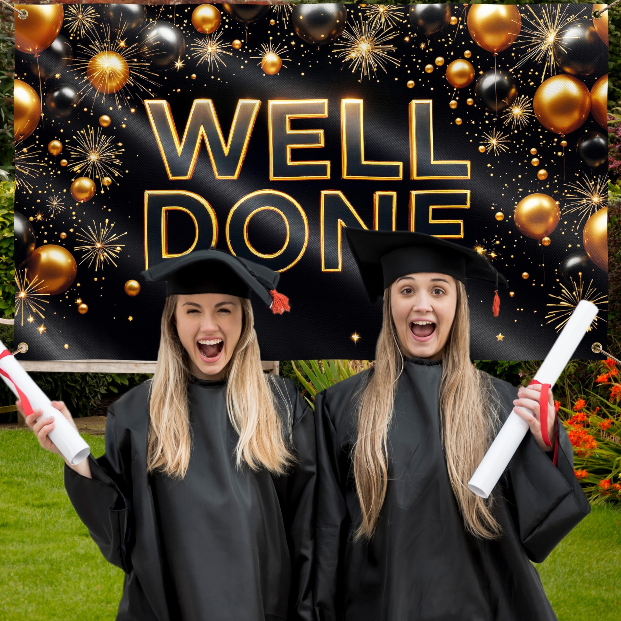 Congratulations Banner - Graduation Decorations 5ft x 3ft - Well Done Banner - We are so Proud of You - You Did It (Black & Gold) - Image 3