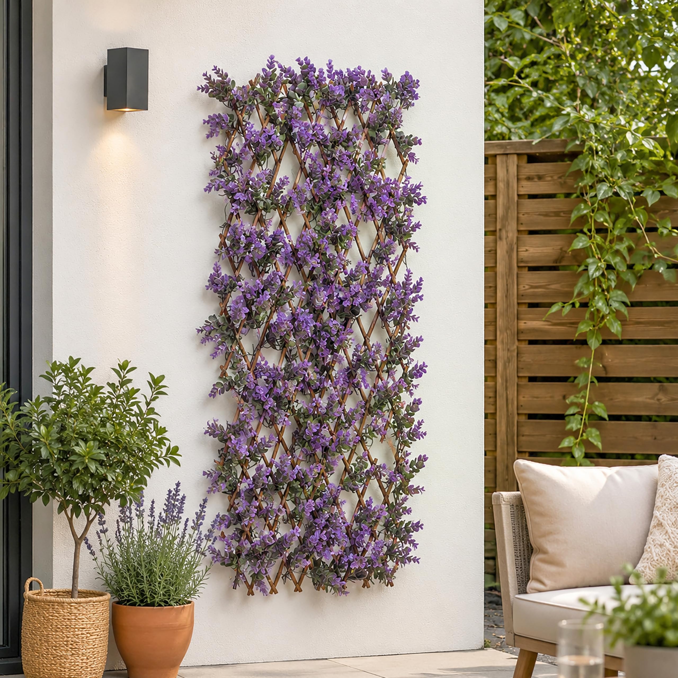 Garden Mile Treillis de fleurs violettes artificielles extensibles de 180 x 60 cm avec fausses feuilles pour jardin, clôture, panneau mural décoratif, balcon, terrasse