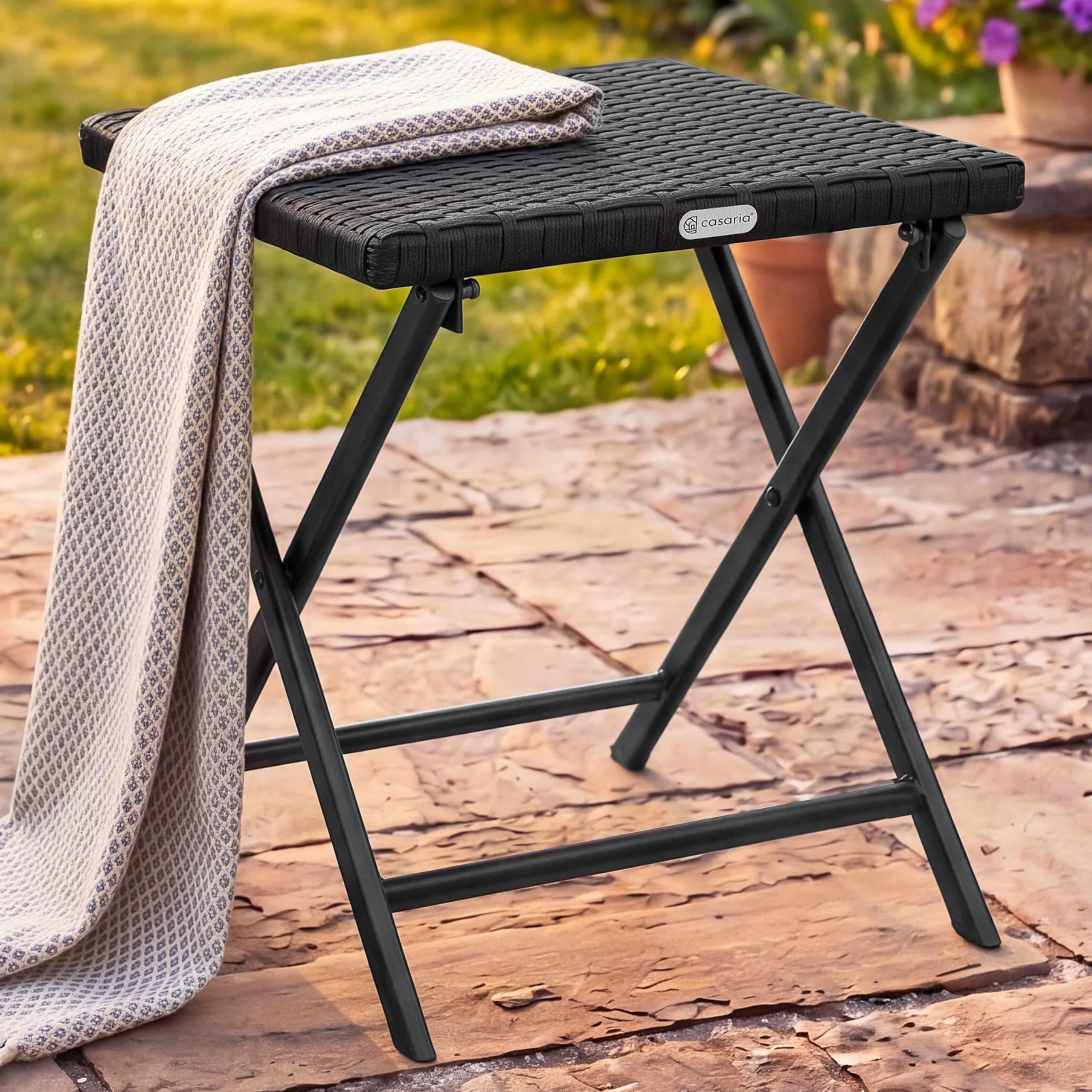 Casaria® Polyrattan Klapphocker 75kg Belastbarkeit 44x40x44cm Klappbar Leicht Tragbar Außen Wetterfest Garten Terrasse Balkon Camping Hocker Schwarz