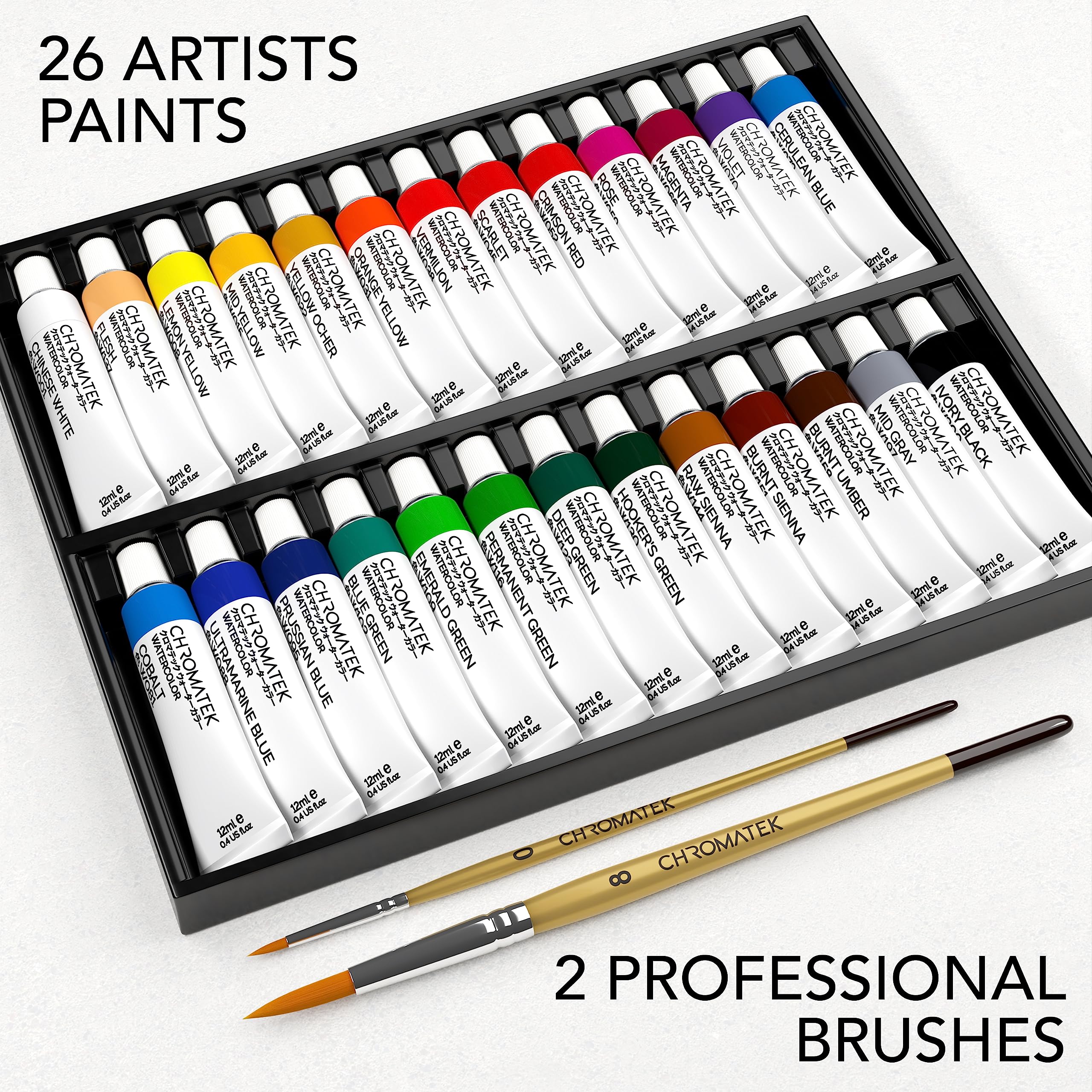 CHROMATEK Aquarellfarben-Set | 26 x 12 ml Tuben flüssige Wasserfarbe | 2 x professionelle Pinsel | reich pigmentierte, lebendige Farben | Malset für Erwachsene, Kinder, Anfänger und Künstler