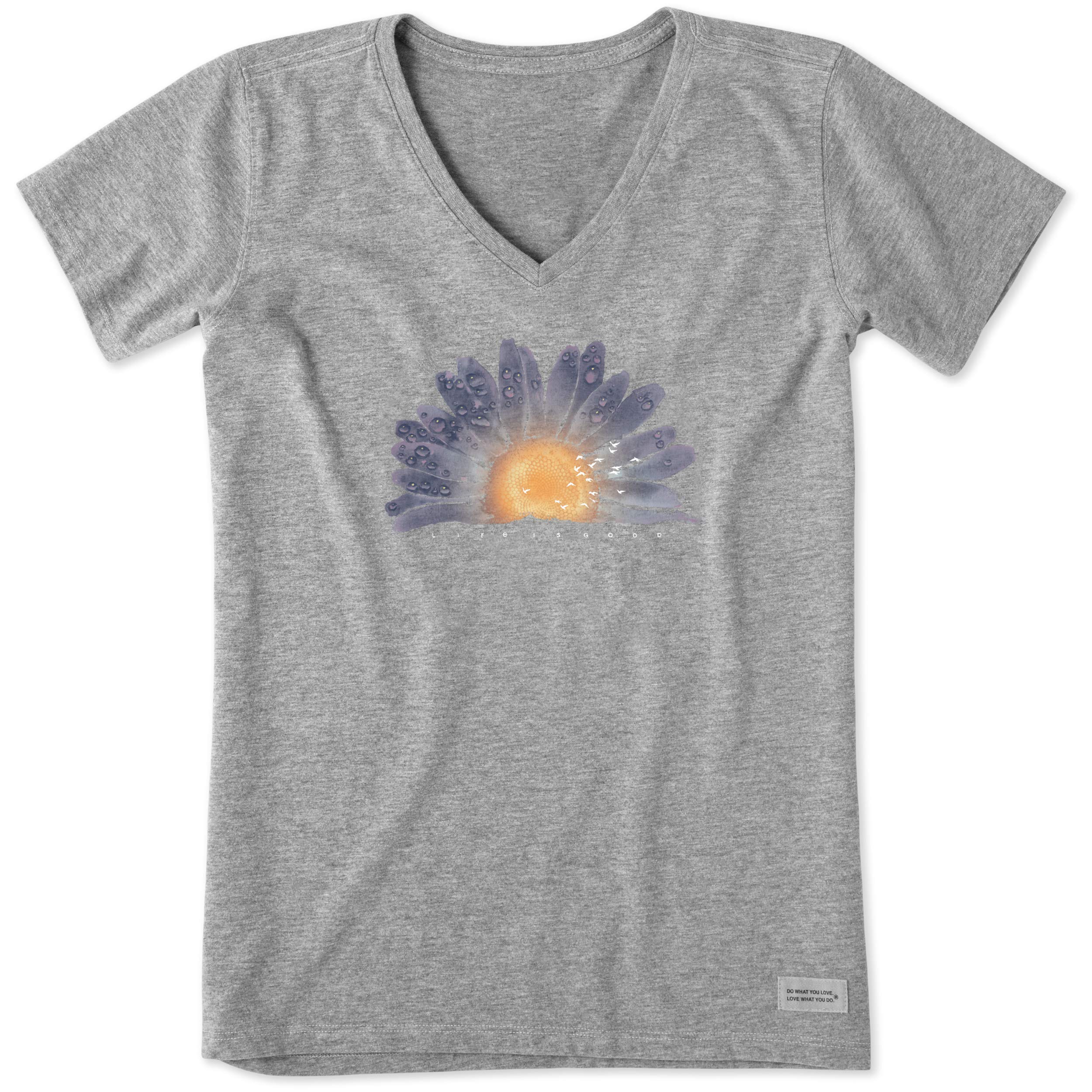 Life Is Good Women's Crusher Tee, Short Sleeve Cotton Graphic T-Shirts, Watercolor Daisy Birds, Heather Gray, 3XL