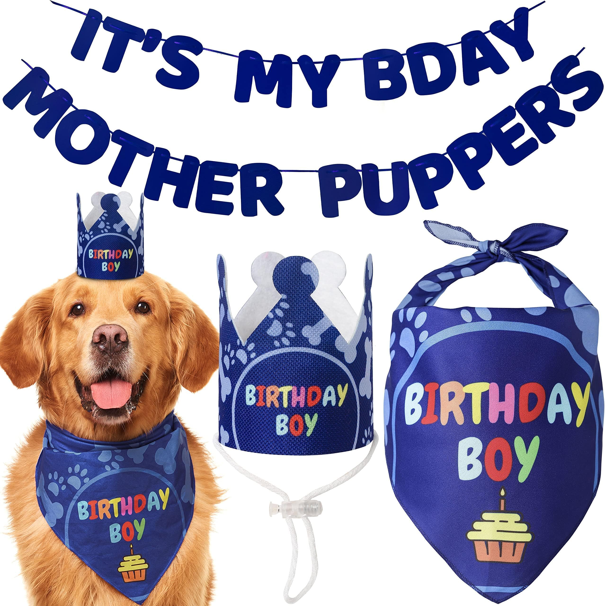 Dog Birthday Party Supplies - Medium Large Dog Birthday Bandana Set, Party Hat, Crown and Banner with 'It's My Birthday Mother Puppers' Sign