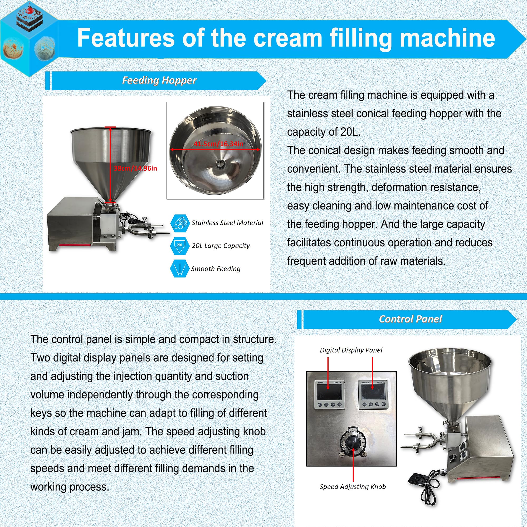 HayWHNKN 20L Electric Cream Filling Machine 110V Stainless Steel Puff Pastry Jam Filler Cake Bread Quantitative Filling Machine — view 4