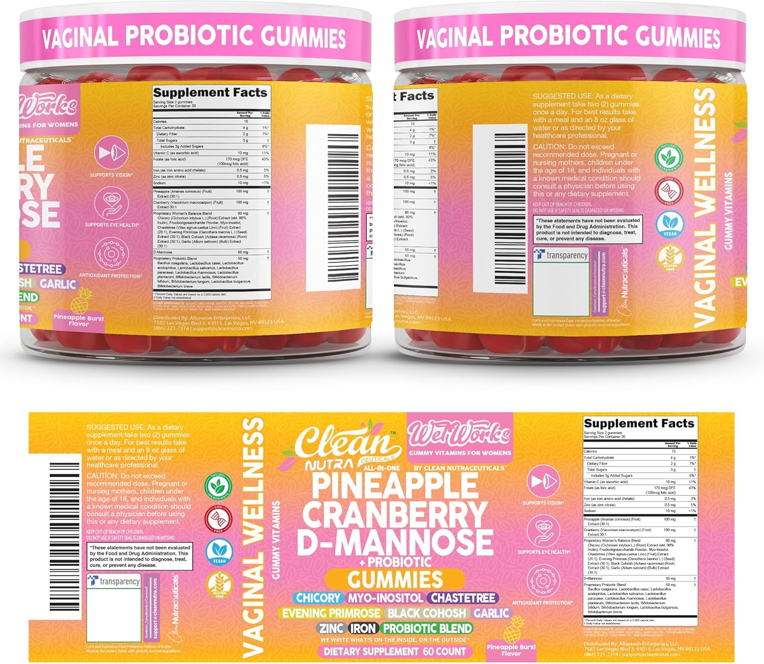 Wet Works Women's Vaginal Probiotic Gummies Pineapple Cranberry Folic Acid D-Mannose Vitamin C Chicory Myo Inositol Garlic Black Cohosh Zinc Iron Evening Primrose Chastetree 60 Count by Clean Nutra - Image 9