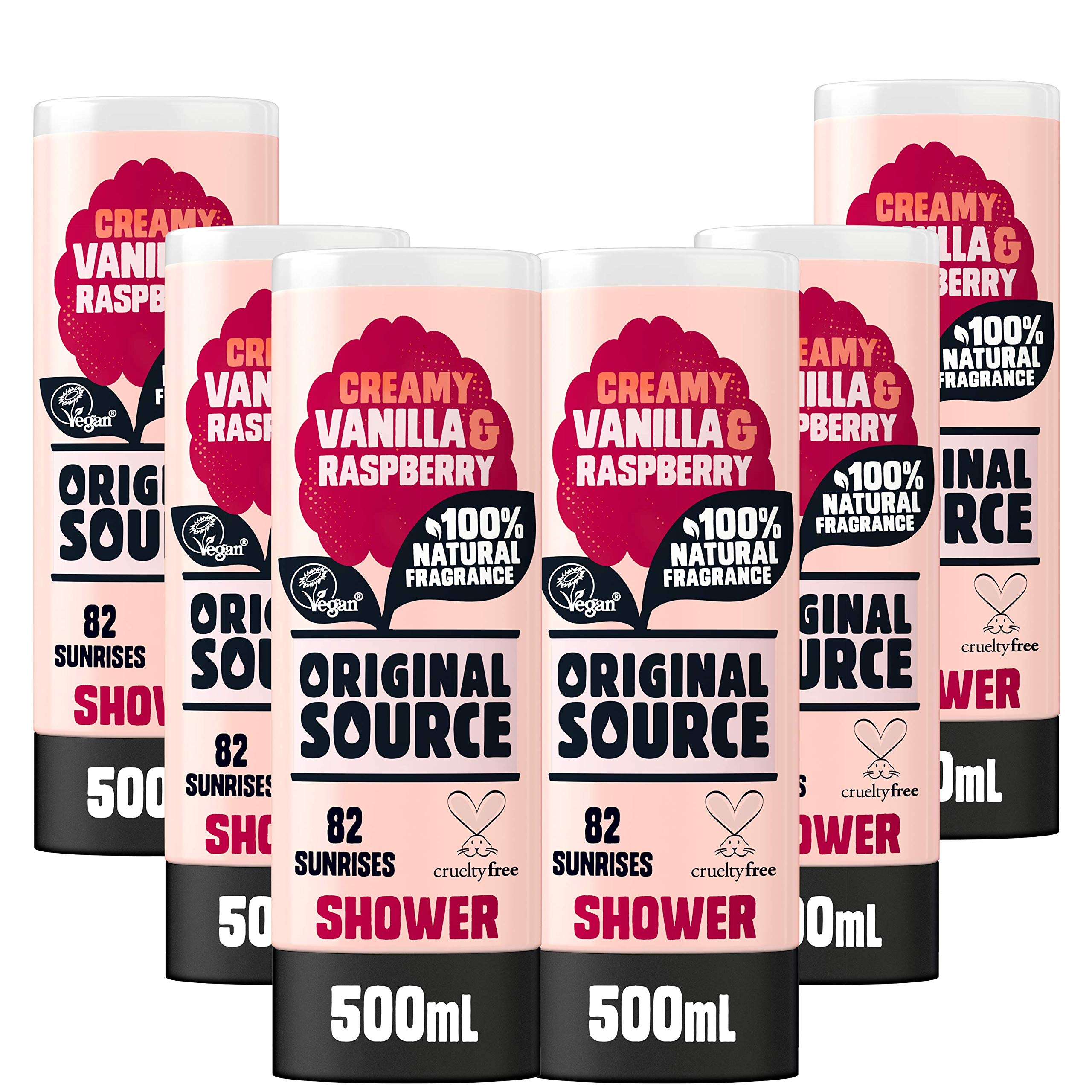 Original Source Vanilla Milk and Raspberry Shower Gel with 100% Natural Fragrance, Large Vegan Shower Gel, Paraben Free Body Shower Wash, Multipack of 6 x 500 ml