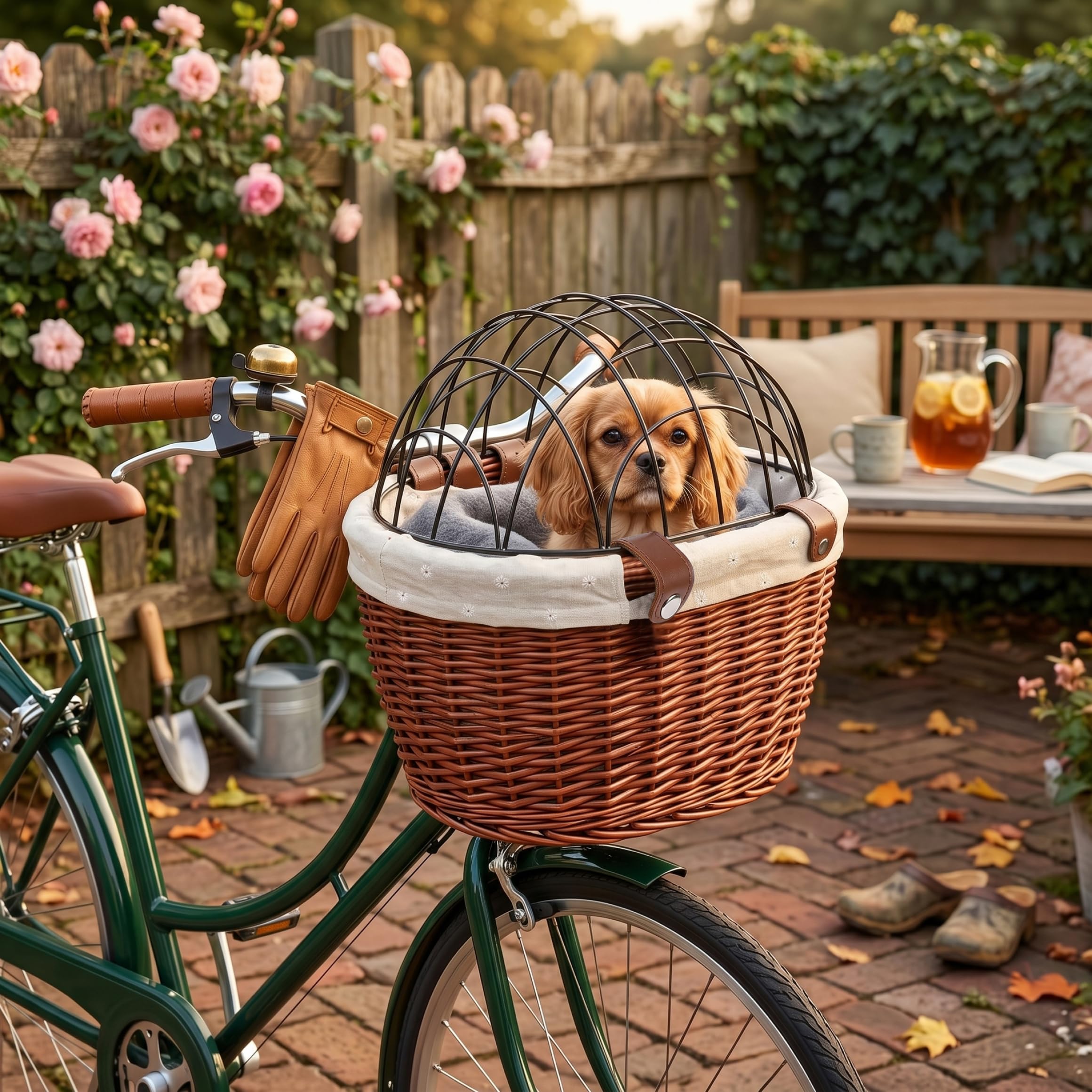 Cestino da bici per cani - Trasportino per animali in vimini intrecciato a mano con coperchio in ferro e cinghie di sicurezza pelle, marrone vintage