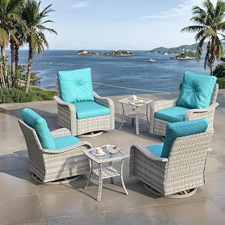 6 Piece Outdoor Wicker Patio Furniture Set,High Back Swivel Rocker Patio Chairs with 4" Thickened Cushions & Side Table, All-Weather PE Rattan for Garden, Backyard, Porch, Turquoise