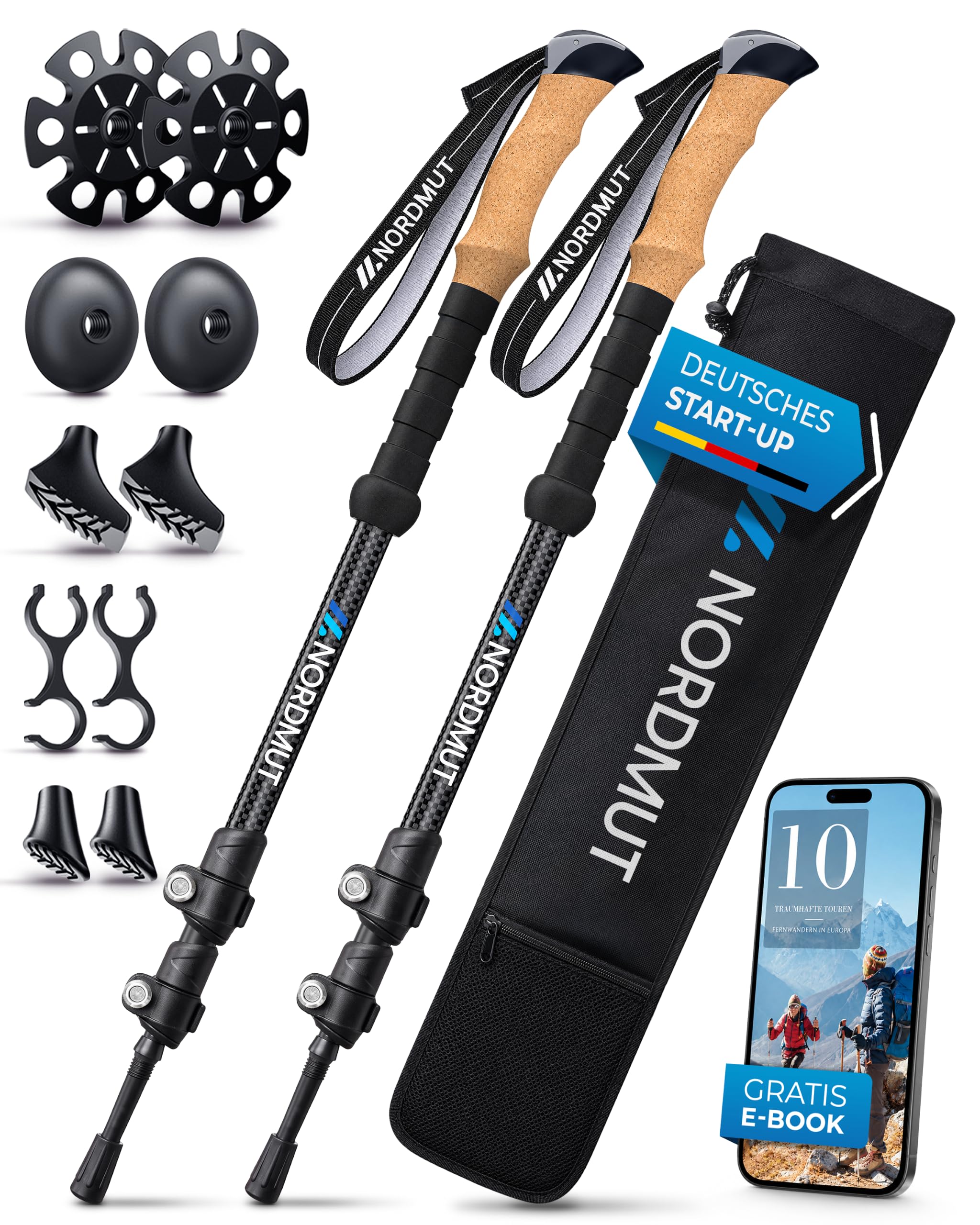 NORDMUT® Wanderstöcke Teleskop aus stabilen Aluminium oder Carbon - Leichte Nordic Walking Stöcke Damen und Herren - Komfortable Korkgriffe mit Eva-Schaum Verlängerung Carbon/Wanderstöcke