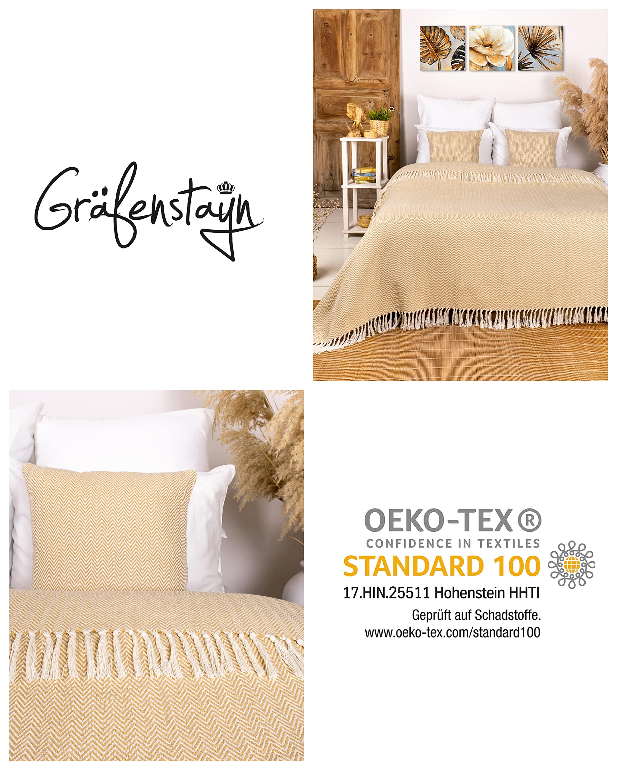 Gräfenstayn Narzuta premium z frędzlami, 100% bawełna, 220 x 240 cm, wzór w jodełkę, kołdra letnia, bawełniana narzuta na łóżko, kanapę, beżowa