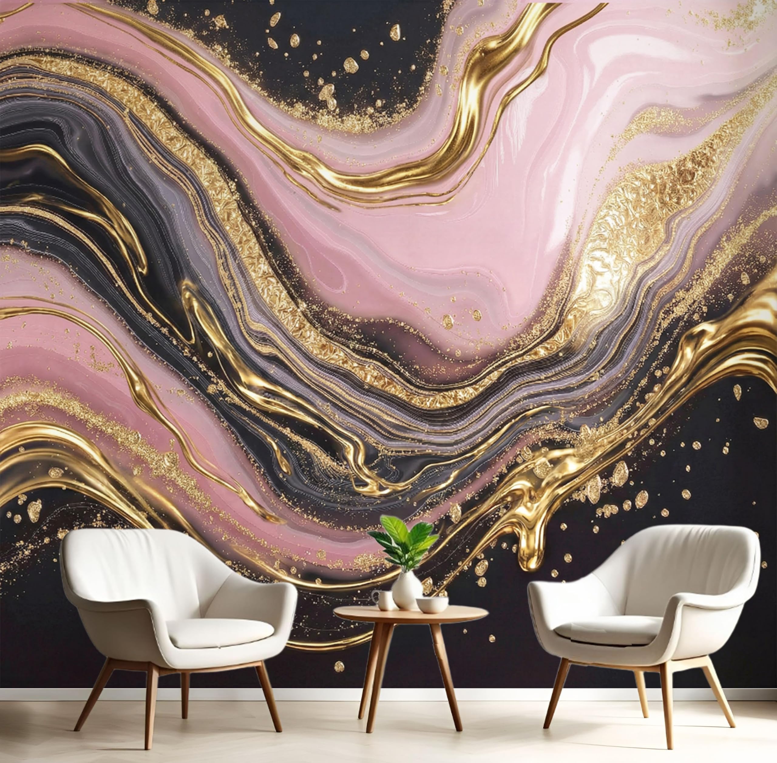 Papier peint panoramique marbre noir et rose pour un fond TV de salon