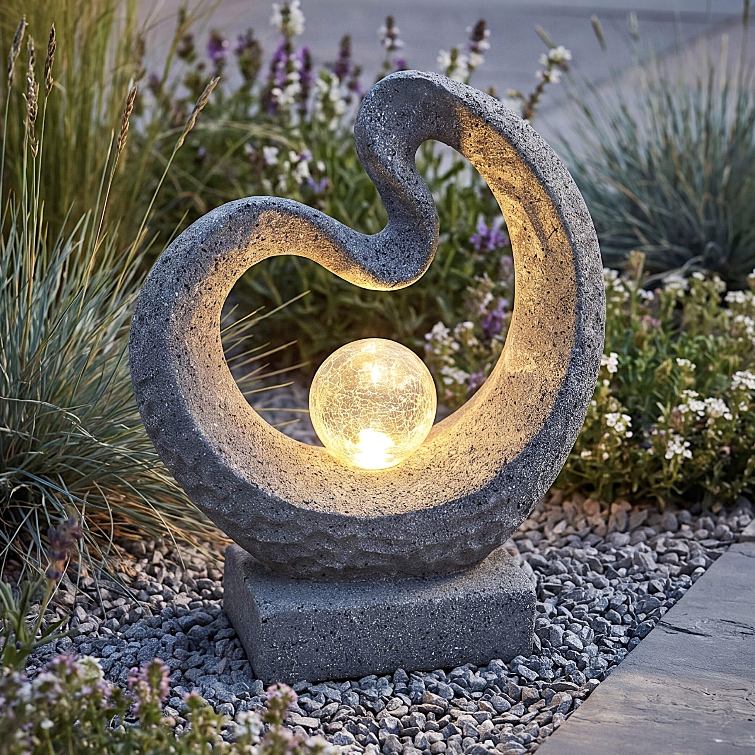 Arnusa Scultura a luce solare aspetto granito lampada solare moderna 33,5 x 39 cm statua da giardino con sfera di vetro illuminazione da giardino bianco caldo decorazione da giardino