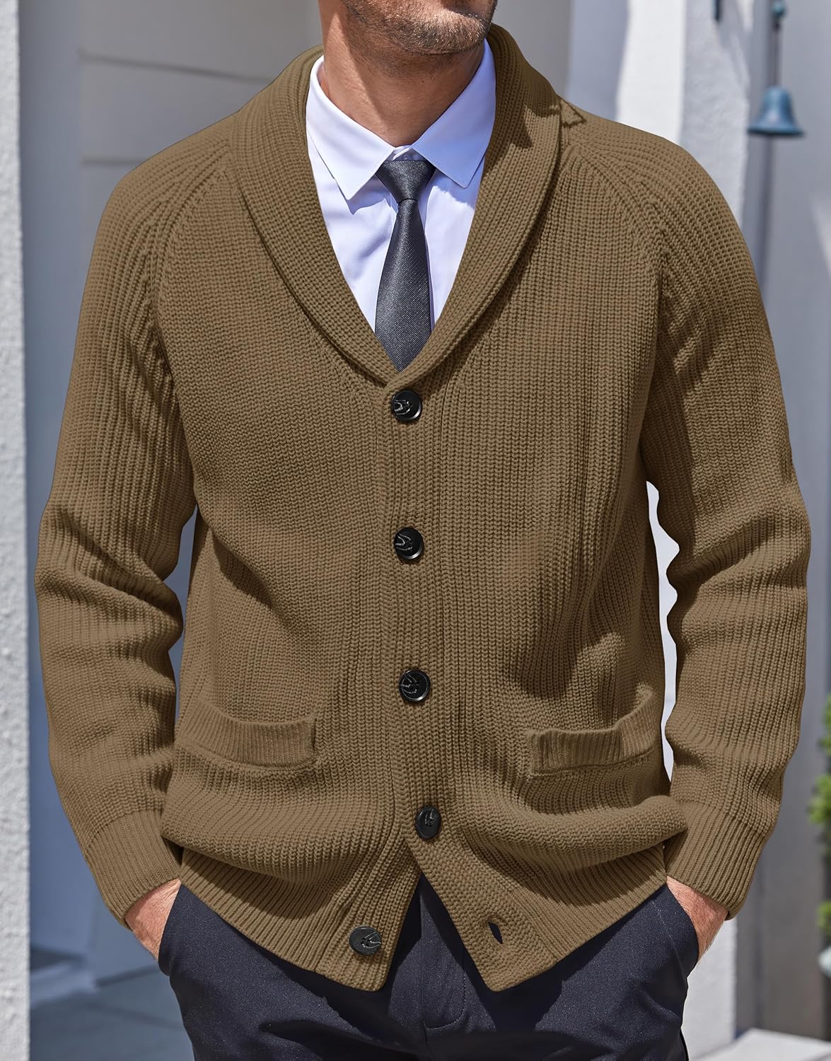 Karlywindow Mens Shawl Collar Cardigan Sweater Cable Knit